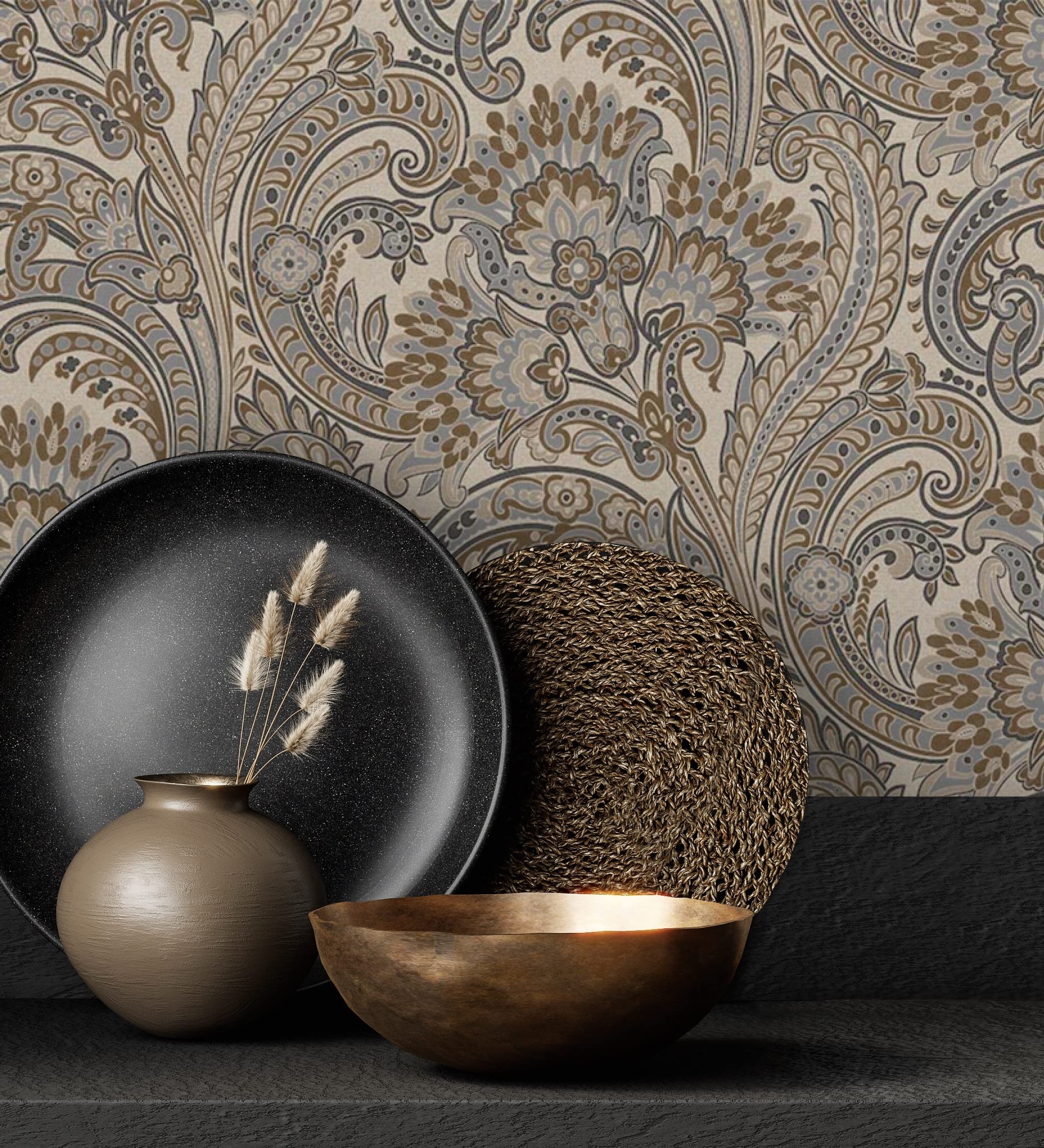 Papier peint vinyle cachemire floral indien en relief pour mur de salon
