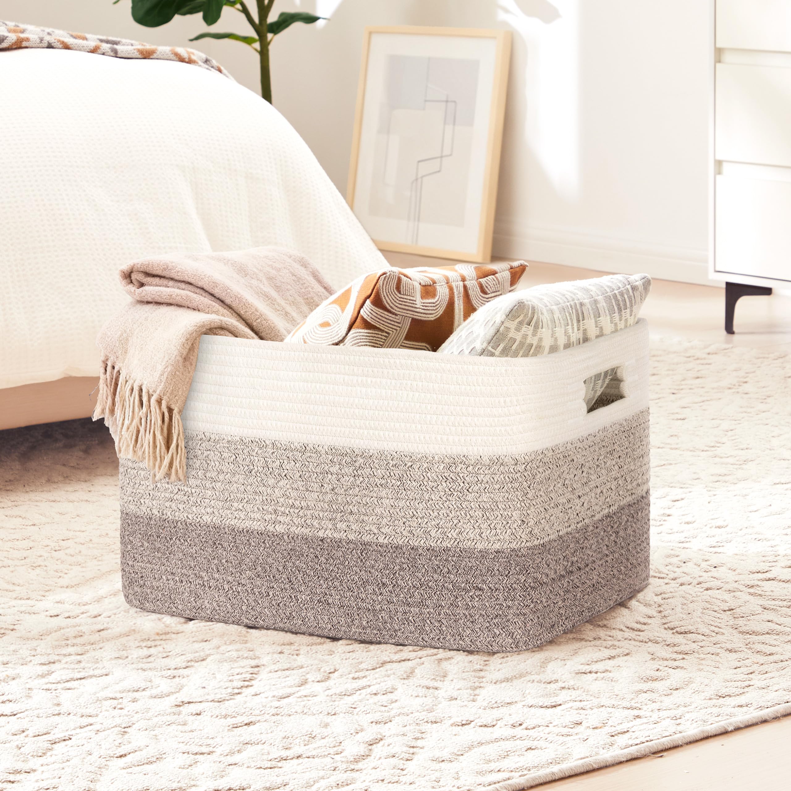 Gran organizador 72L en cuerda de algodón, cesto para juguetes, mantas, ropa, trenzado con asas, recogedor de ropa de tela para decoración de habitación infantil o salón, degradado marrón