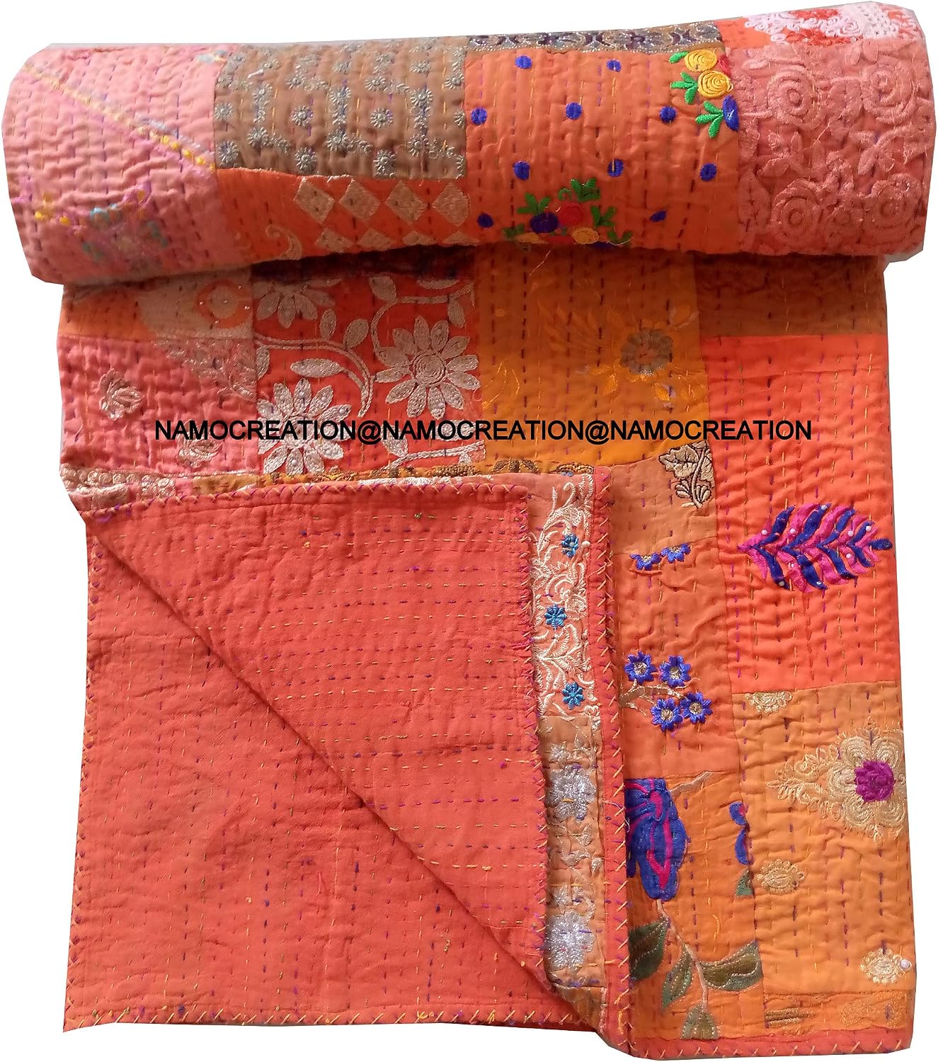 Orange Jari Embroidery Assorted Patchwork Kantha Quilt Reversible Patchwork Kantha Bedspread Bed Cover Decor Throw Blanket California King/Queen/Twin (60X90 Inches)
