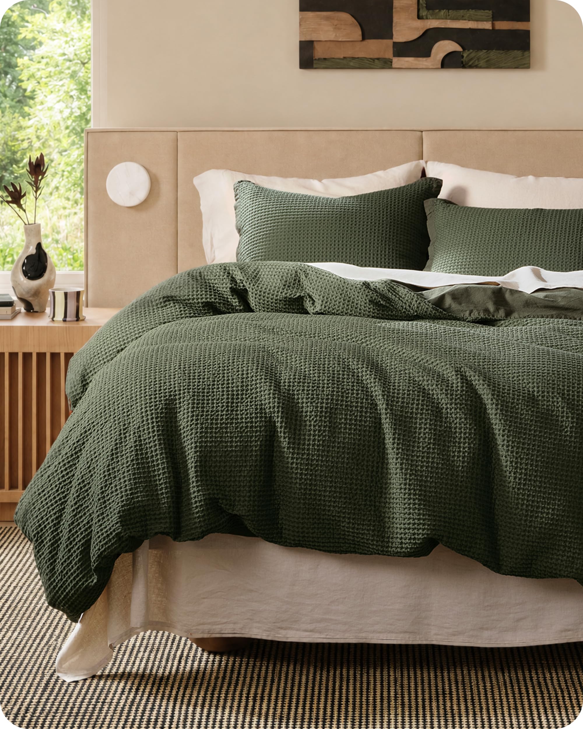 Photo 1 of Bedsure Cotton Duvet Cover Queen - 100% Cotton Waffle Weave Olive Green Duvet Cover Queen Size, PureWoven Breathable Bedding Set for All Season, 3 Pieces, 90"x90"