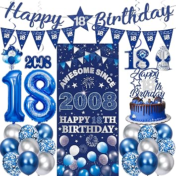 18th Birthday Decorations Boys Girls - 27 Pcs Blue Silver Happy 18th Birthday Banner Triangular Flag Hanging Swirls Backdrop Cake Topper 18 Balloon Set for 18 Years Old Party Decoration Supplies