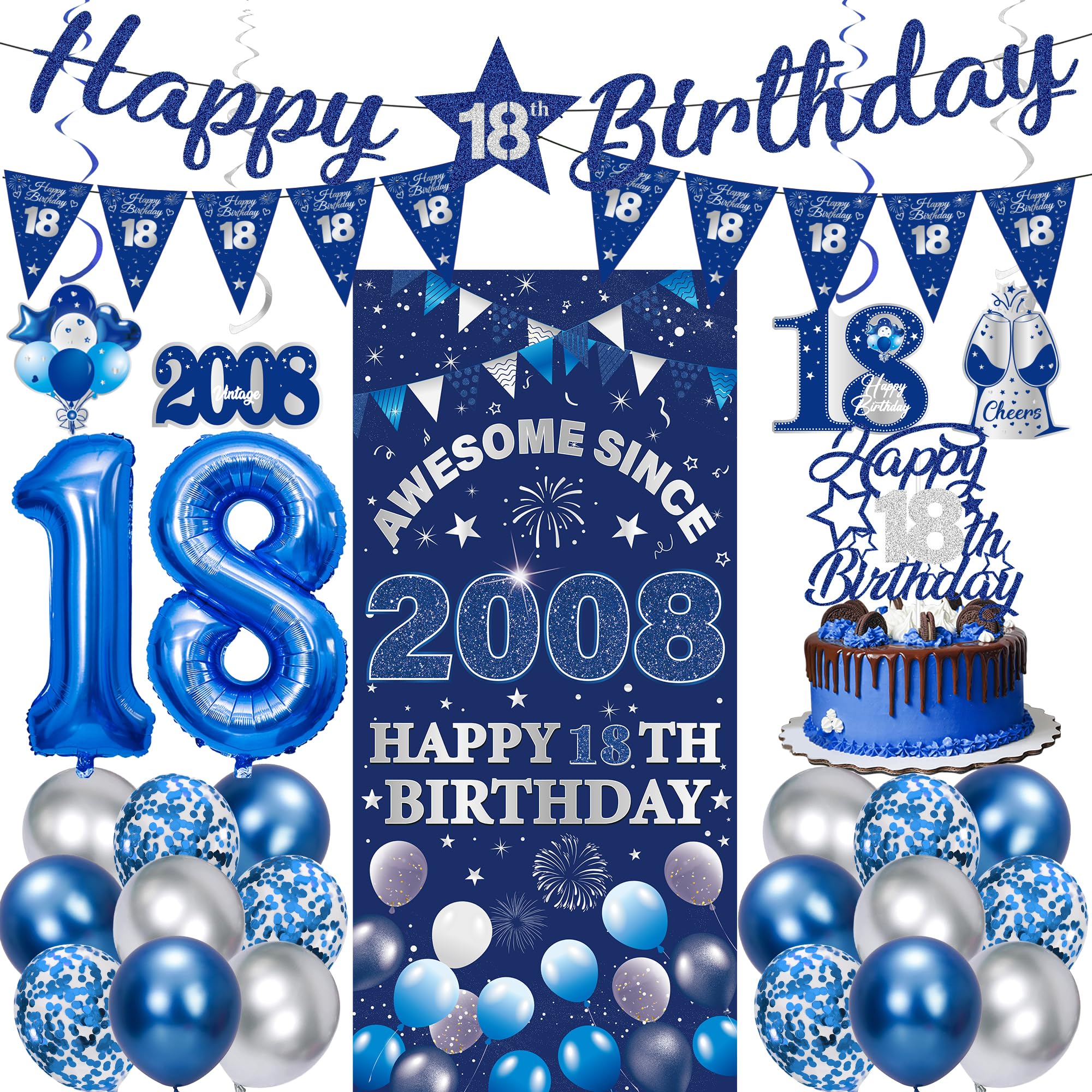 18th Birthday Decorations Boys Girls - 27 Pcs Blue Silver Happy 18th Birthday Banner Triangular Flag Hanging Swirls Backdrop Cake Topper 18 Balloon Set for 18 Years Old Party Decoration Supplies