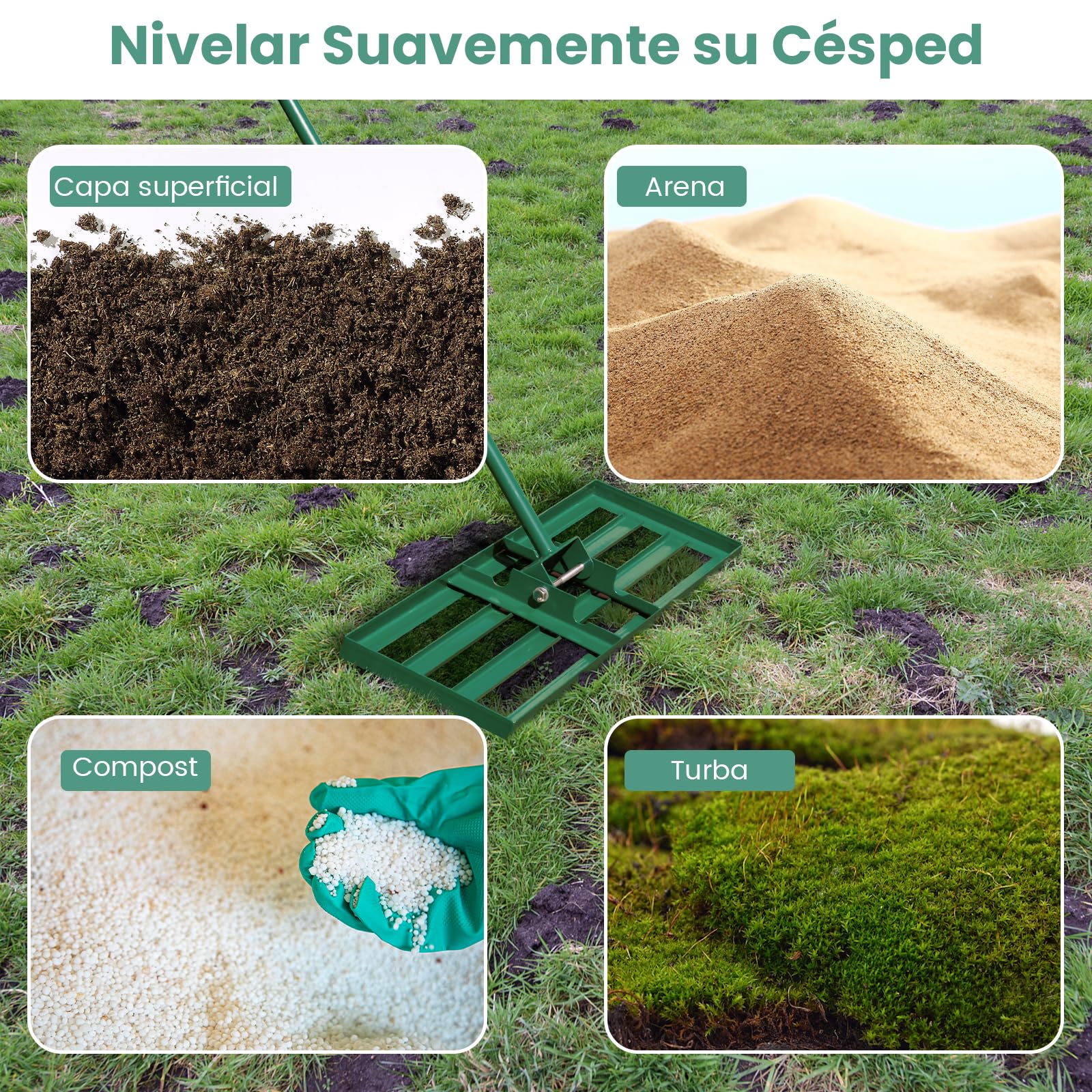 GOPLUS Rastrillo de Nivelación de Césped, Rastrillo Jardín con Mango Ergonómico 170 cm, Nivelador para Jardinería, Paisajismo, Nivelación, Patio, Campo de Golf (Verde 91 x 25 cm)