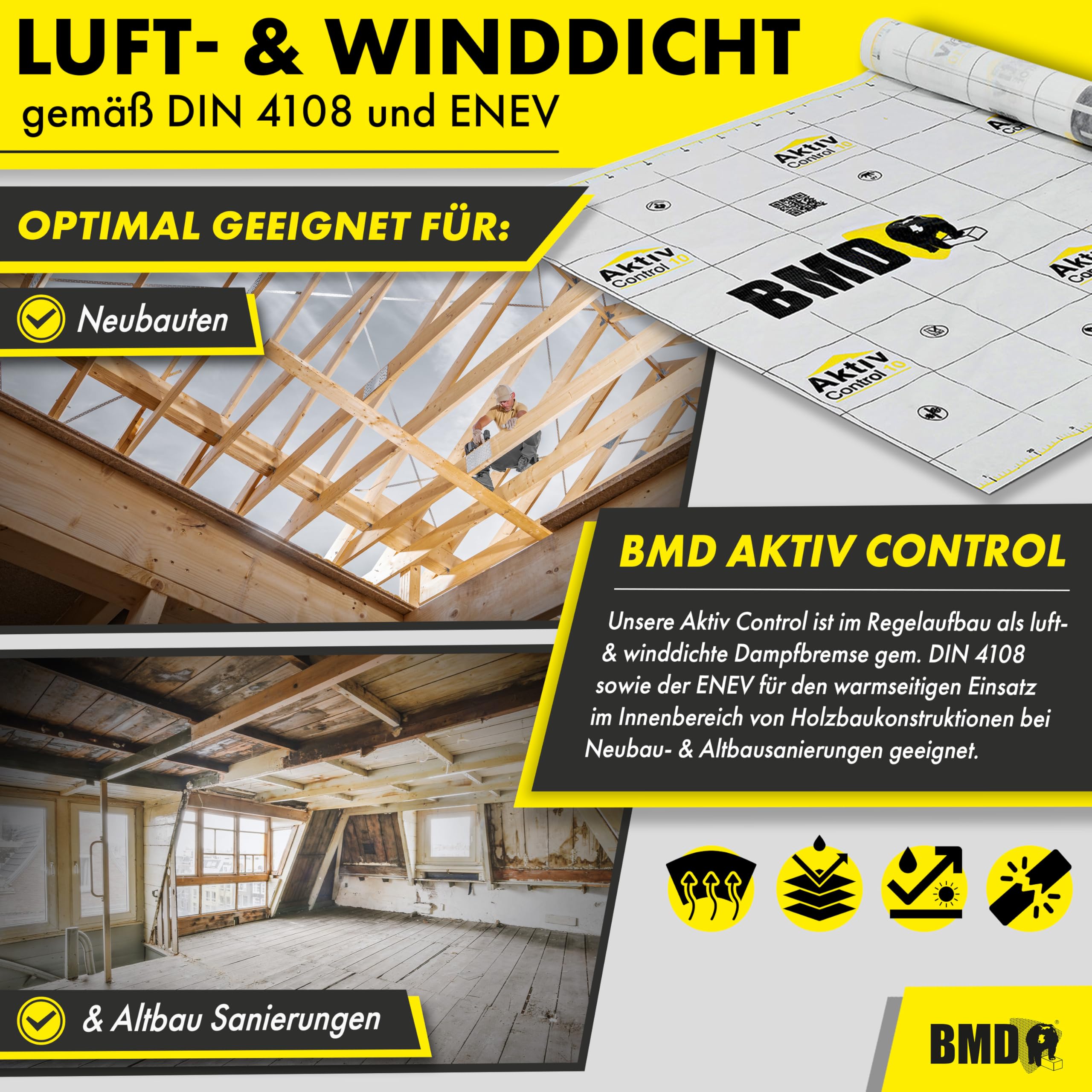 BMD Aktiv Control Dampfbremse | 1,5m x 20m | 30 m² | diffusionsfähige Dampfbremsfolie | gemäß DIN 4108 und ENEV | Neubau | Sanierung