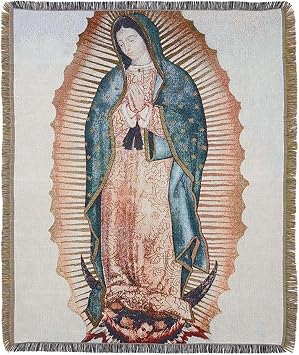 Christian Brands Catholic Blanket - Woven Cotton Blend Tapestry Throw with Fringed Edge, 50" Wide x 65" Long, Our Lady of Guadalupe