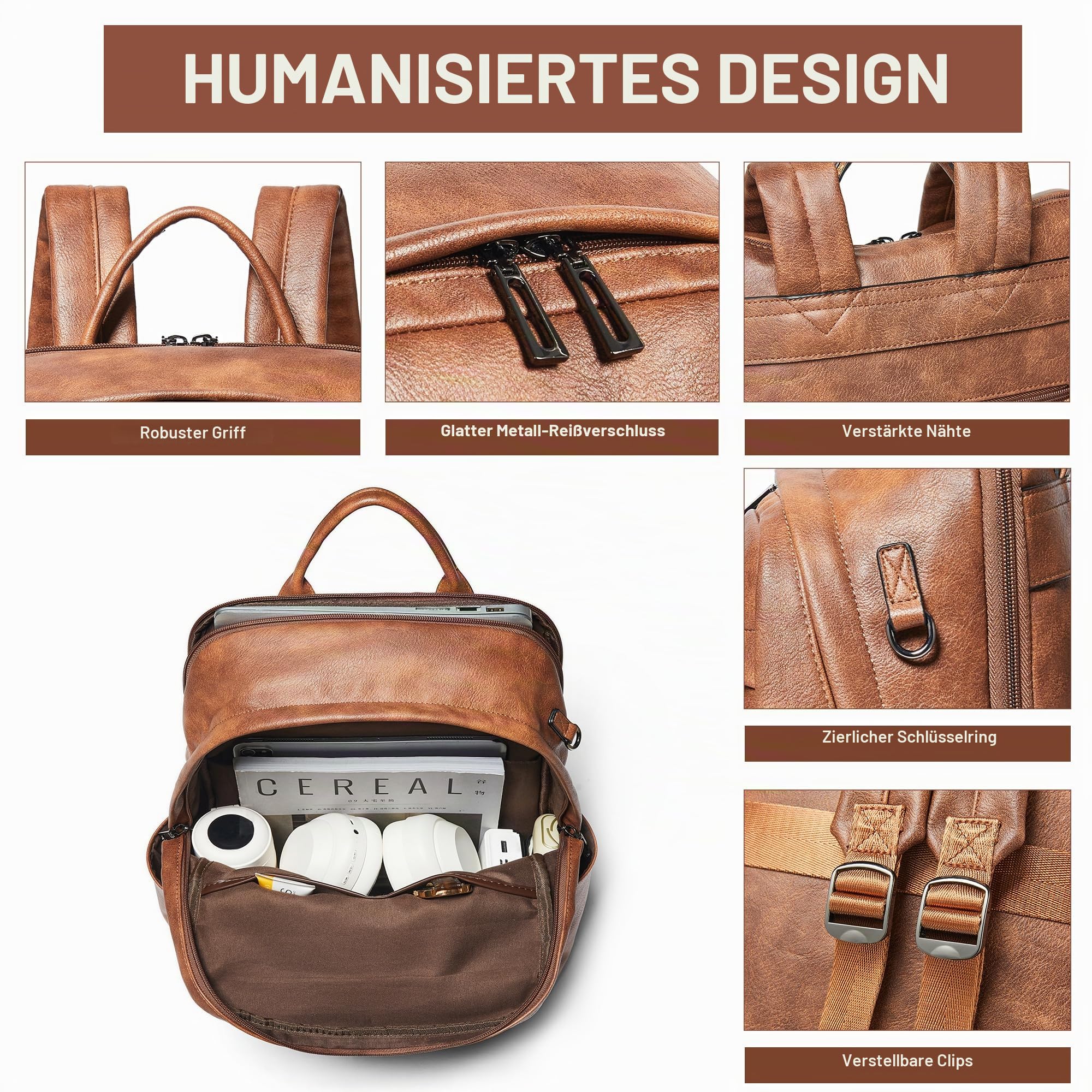 Veganer Lederrucksack für Damen und Herren, geeignet für 16,0 Zoll Laptop, mit vielen Fächern, Flaschenhalter und Koffergurt, Ideal für Arbeit, Reise und Alltag, Braun Laptop Rucksack