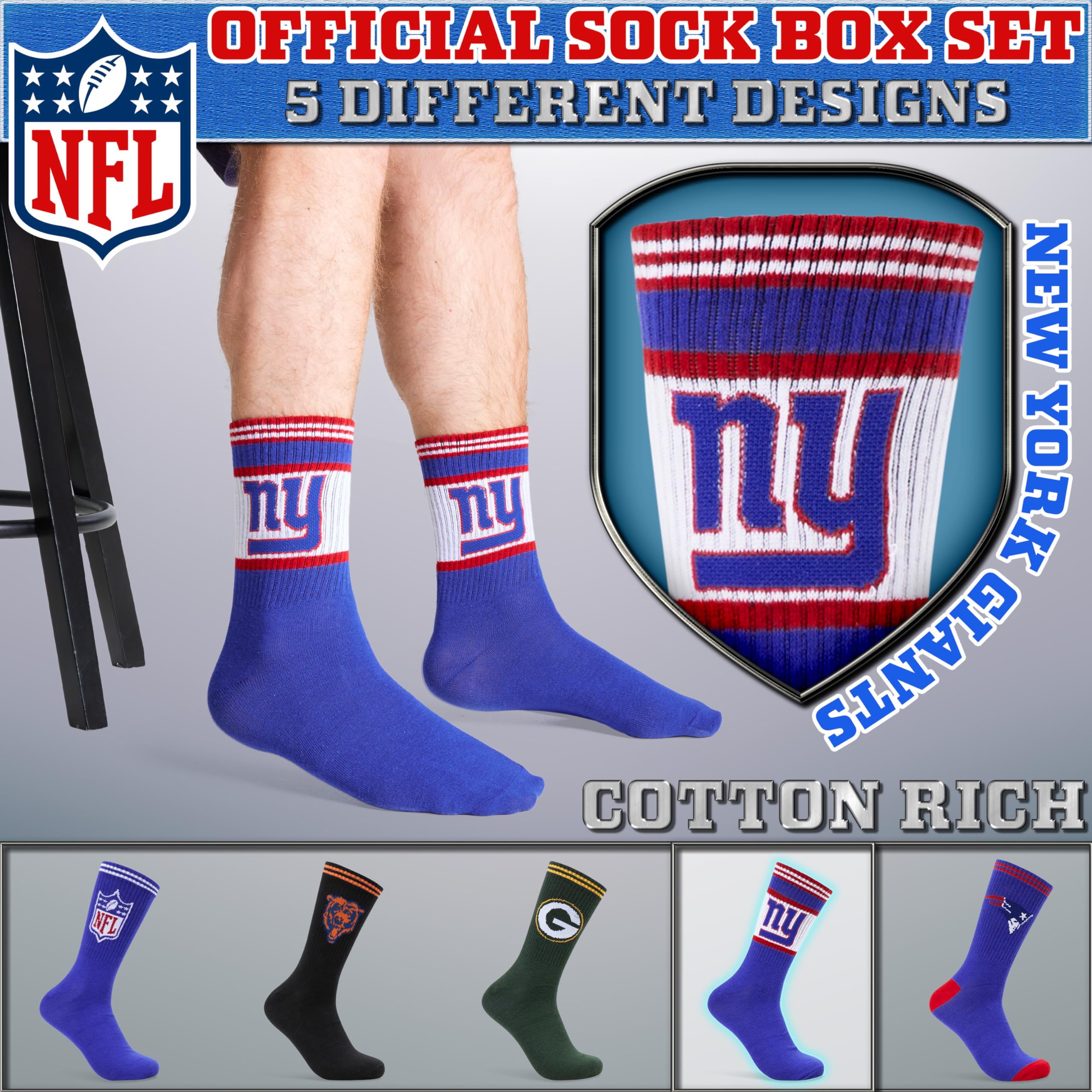 NFL Chaussettes Homme Mi-Mollet, Coffret 5 Paires Chaussettes Homme Fantaisie Sport, Idée Cadeau Adulte Ado 36-40, 40-46