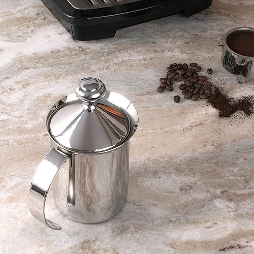 Miniatura 4 de Fino Espumador de crema de leche jarra de espuma de capuchino con mango y tapa acero inoxidable 188 capacidad de 14 onzas