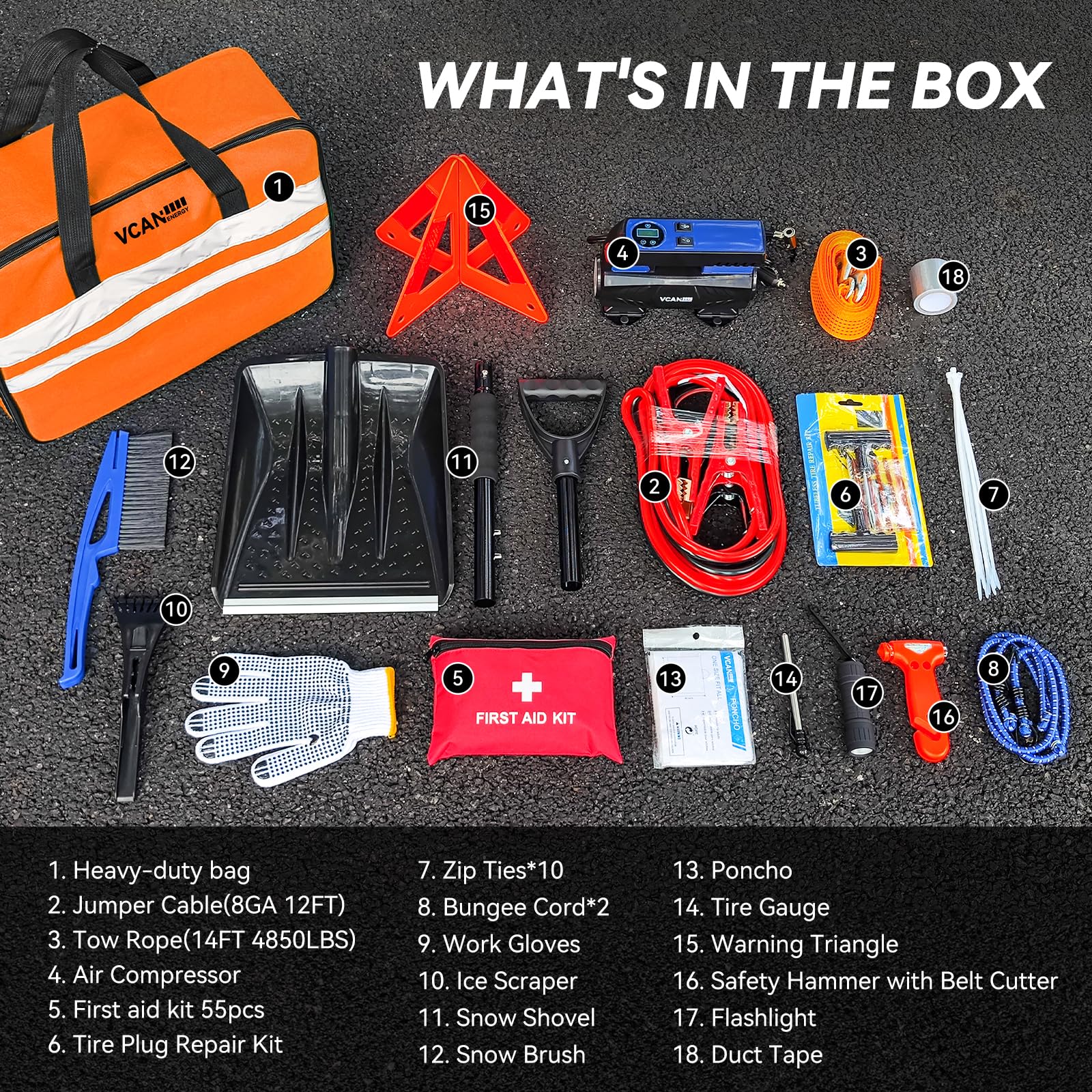 Car Emergency Kit with Portable Air Compressor, Winter Car Safety Roadside Assist Kit, Emergency Car Kit for Cars, Trucks