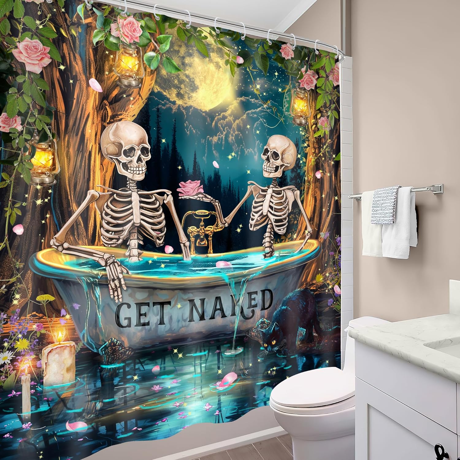 Gothic Skull Skeleton Shower Curtain 72Wx72H Funny Spooky Witchy Halloween Moon Night Retro Floral Tree Bathroom Decor Mystical Bone in Bathtub Bath Curtain Fabric Polyester 12 Pack Hooks