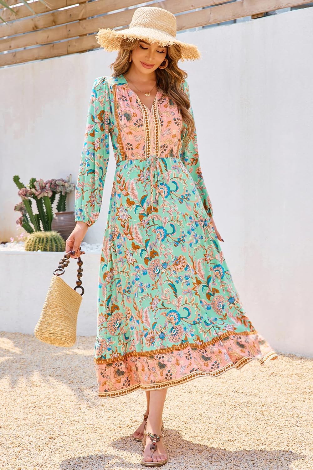 R.Vivimos Women's Long Sleeve Cotton V-Neck Button Up Floral Print Boho Flowy Midi Dresses - Image 5