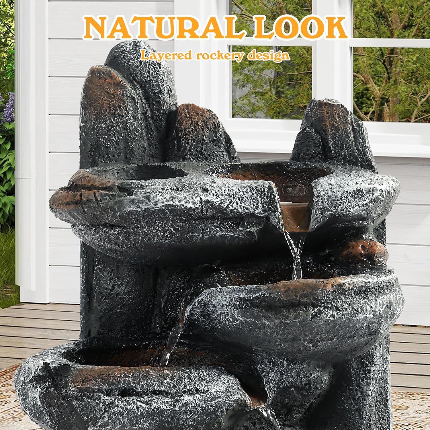 27.6" H Outdoor/Indoor Water Fountain with LED Lights and Pump, 6-Tiers Cascading Rock Garden Fountains Waterfall, Freestanding Resin Fountain with Natural Stone Look for Patio, Garden, Porch