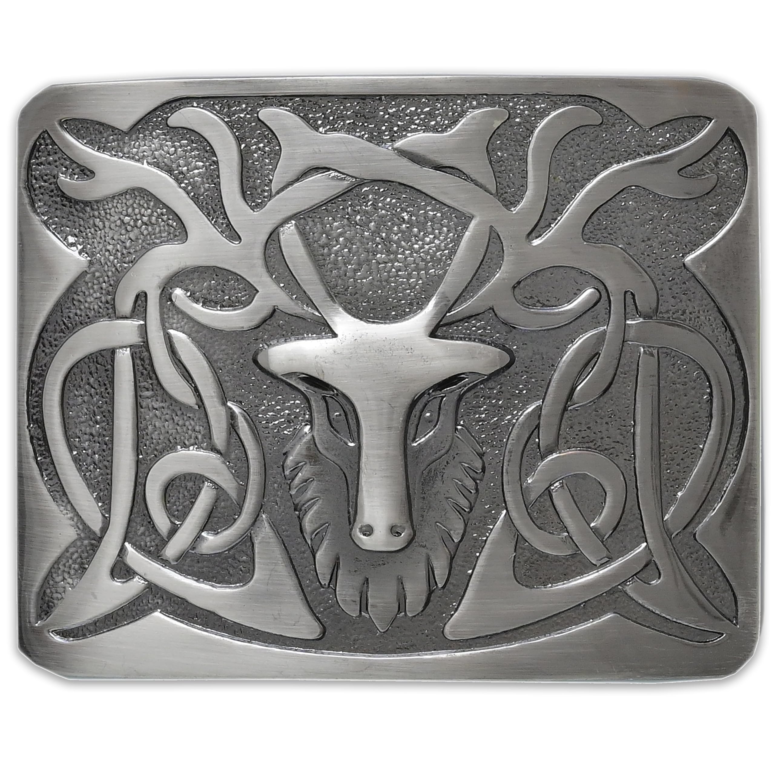 Scottish Stag Head Kilt Belt Buckle Antique Silver Finish - Traditional Highland Celtic Accessory For Men - Made of Pewter (Silver Antique Finish)
