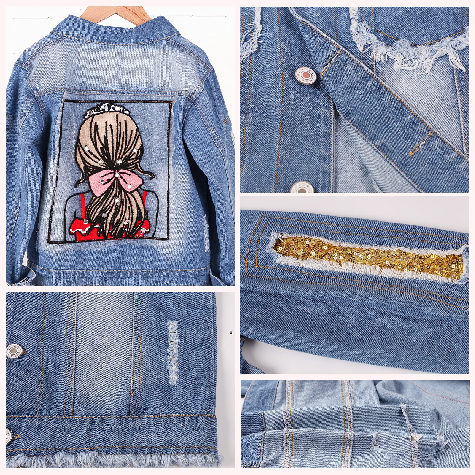 Veste Denim Enfant Fille Blouson Parka Mi-saison Manteau en Jean Enfant Imprimé de Dos de Fille pour Printemps Automne