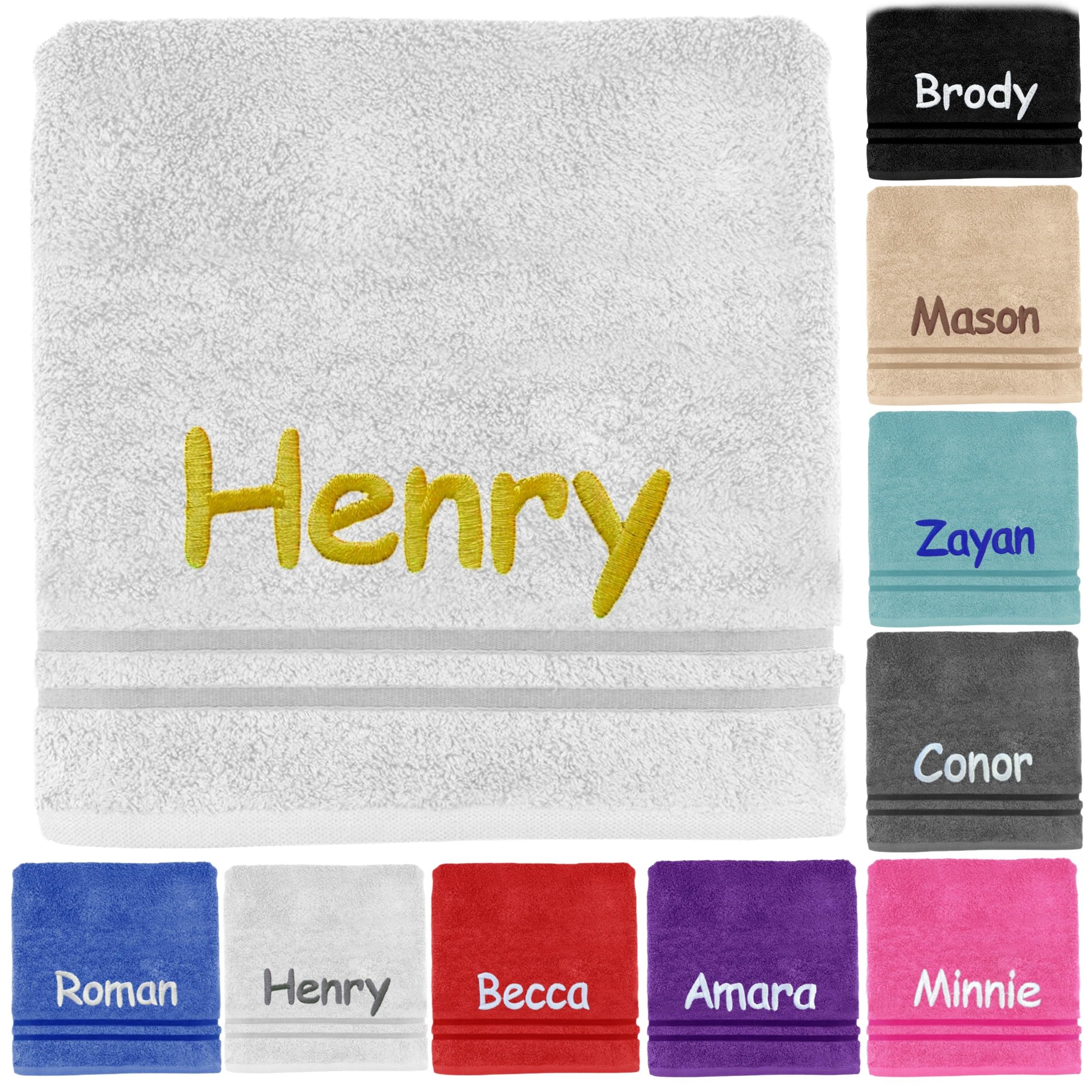 Kids Personalised Bath Towel Any Name Beautifully Embroidered On A Luxury 550gsm Towel. Perfect For Holiday, Swimming or Bathing. (White, Bath Sheet)