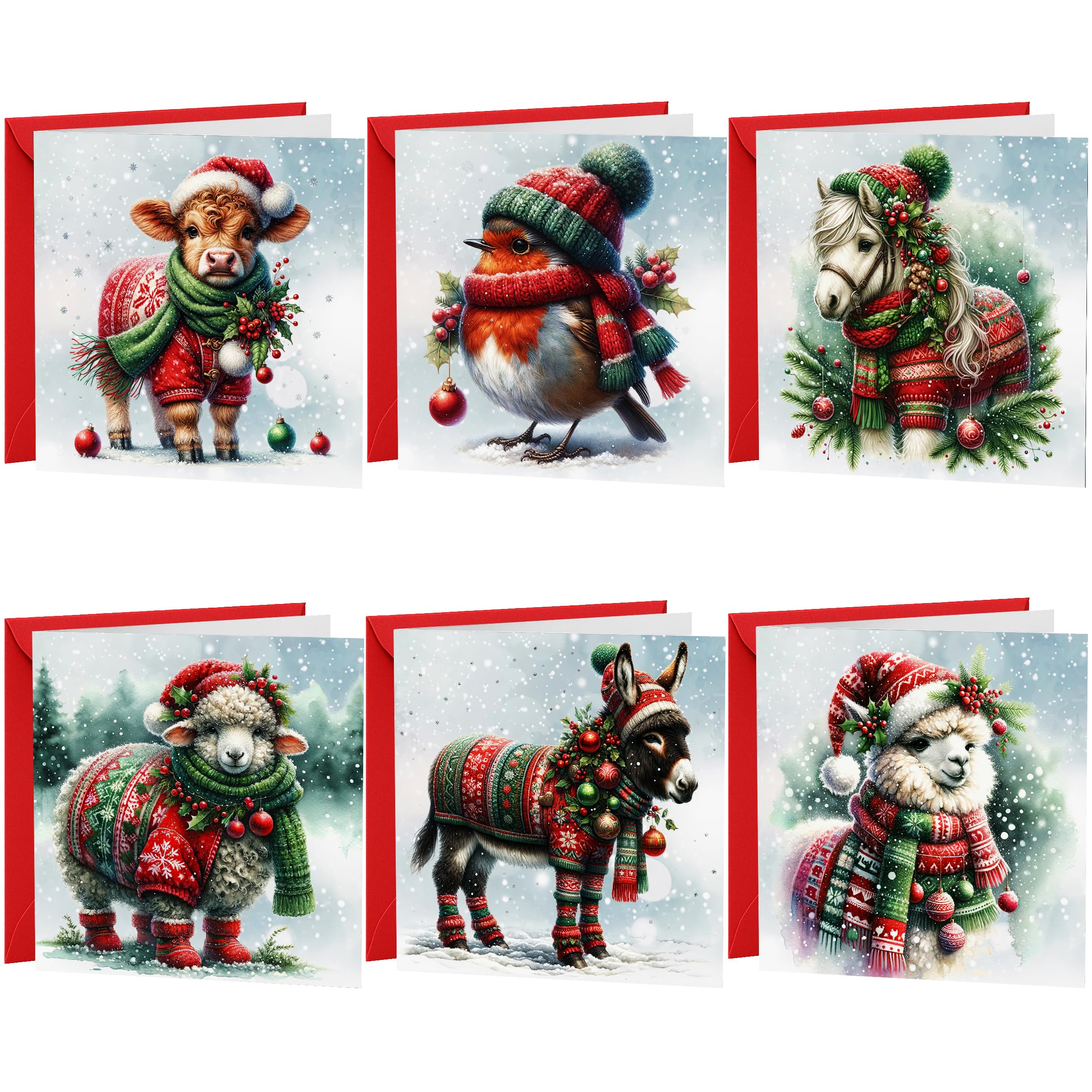 Christmas Cards Multipack 30 Pack Xmas Cards Multi pack | 6 Cute Christmas Animals Donkey Sheep Highland Cow Horse Festive Seasons Greetings For Friends & Family