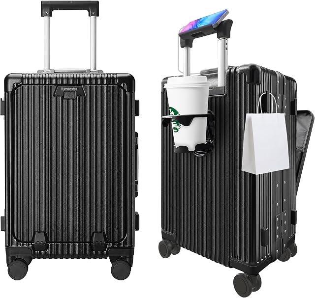 Turmaster Airline Bagaż podręczny z kółkami obrotowymi, 20 cali walizka z aluminiową ramą, wbudowany zamek TSA, ze złączem USB i kubkiem, uchwyt na telefon komórkowy, czarny, 24 Inch, Otwór z przodu,