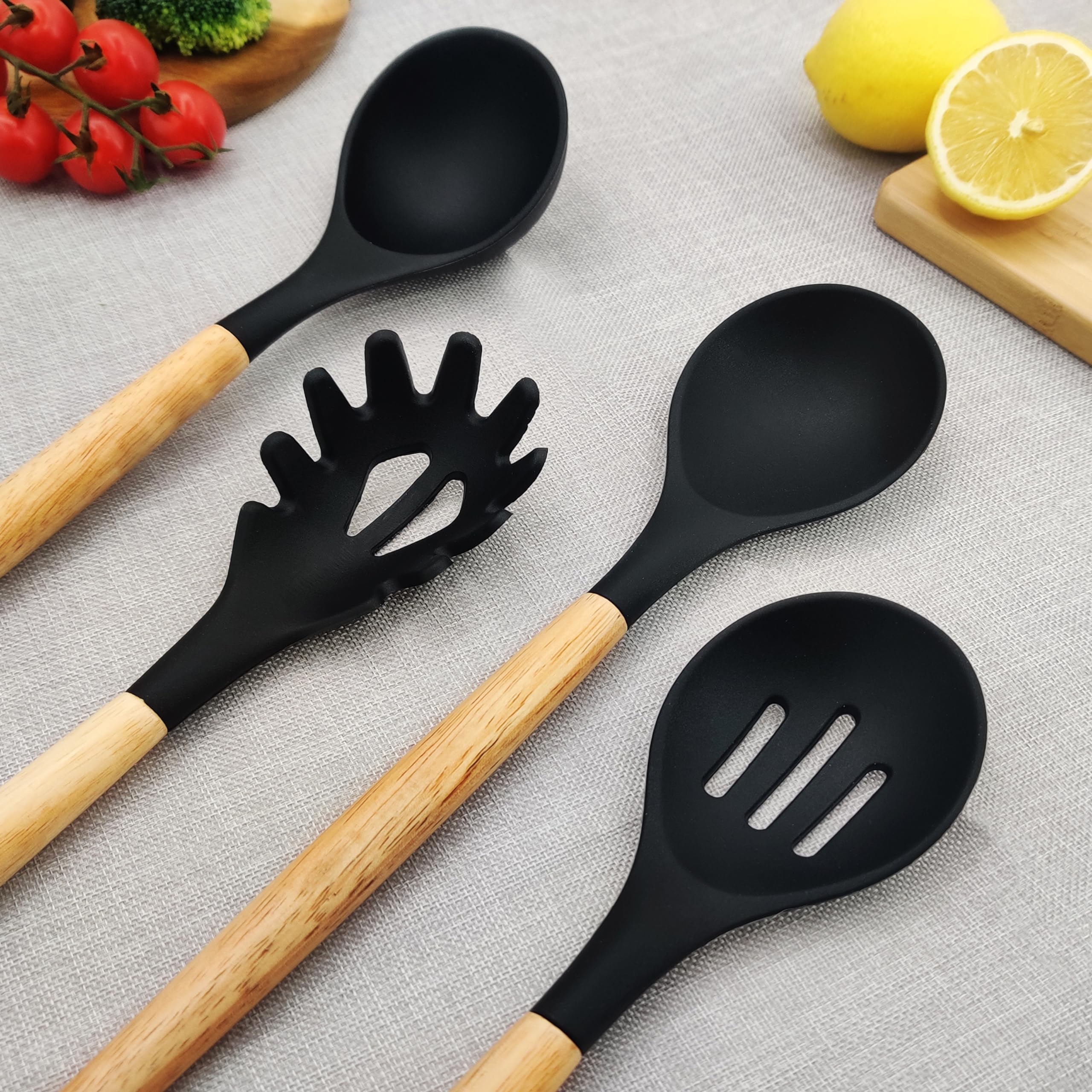 Kitchen Utensils Set 12 Pieces Nonstick Silicone Cooking Utensils Wood Handle Silicone Cooking Utensils Set with Holder Dishwasher Safe BPA Free (Black) 1