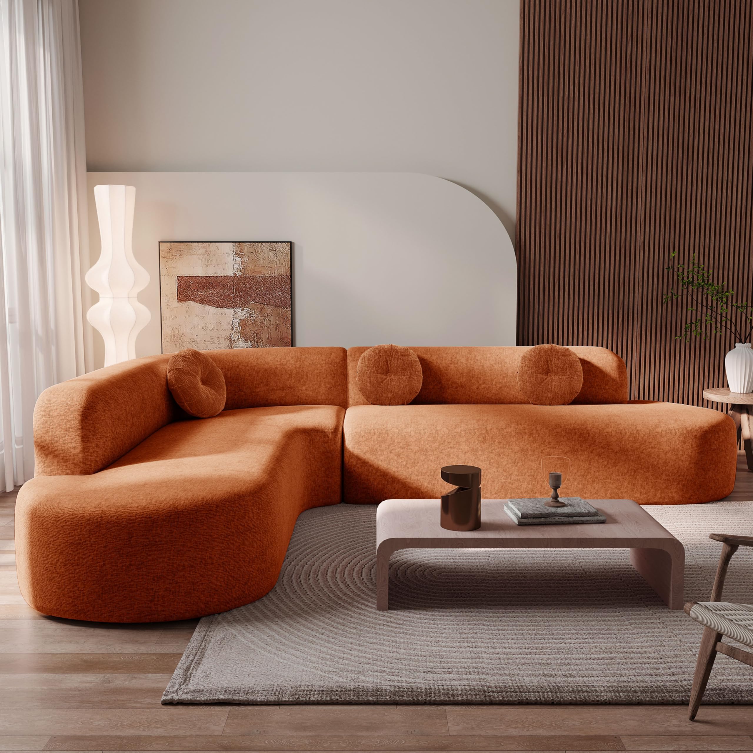 Mirod 122'' Extra Large Sectional Sofa Soft Fabric Upholstery, Elegant Curved Design with Three Round Cushions, Supportive Comfort Foam for Ultimate Relaxation(Orange@040)