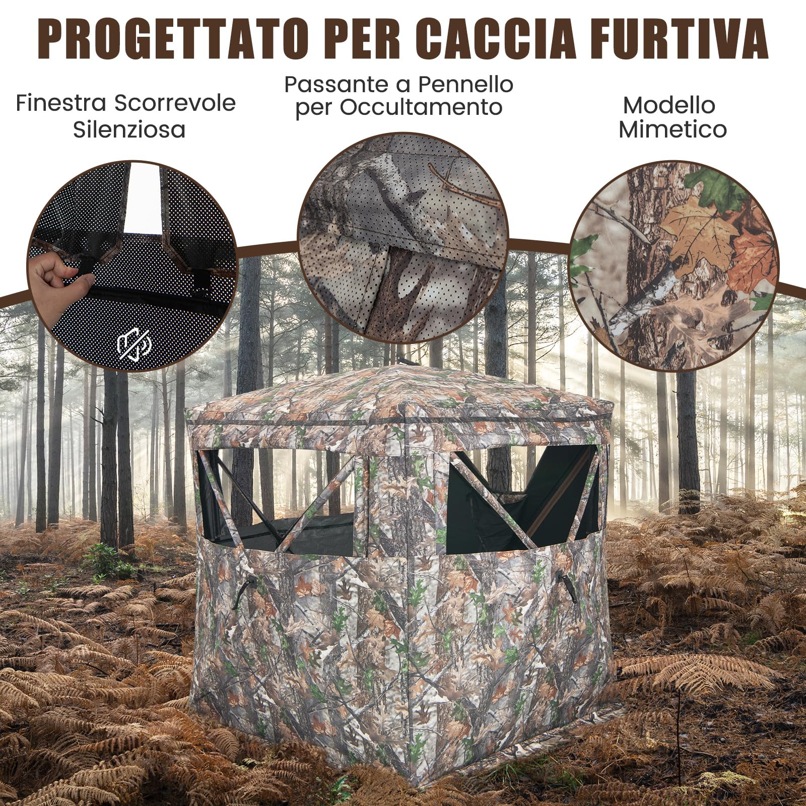 GYMAX Tenda da Caccia, Tenda Portatile e Pieghevole per 2-3 Persone con Vista a 270 Gradi, 8 Robusti Picchetti per Terreni, 4 Corde di Ancoraggio, Sacca Portaoggetti, 147 x 147 x 168 cm