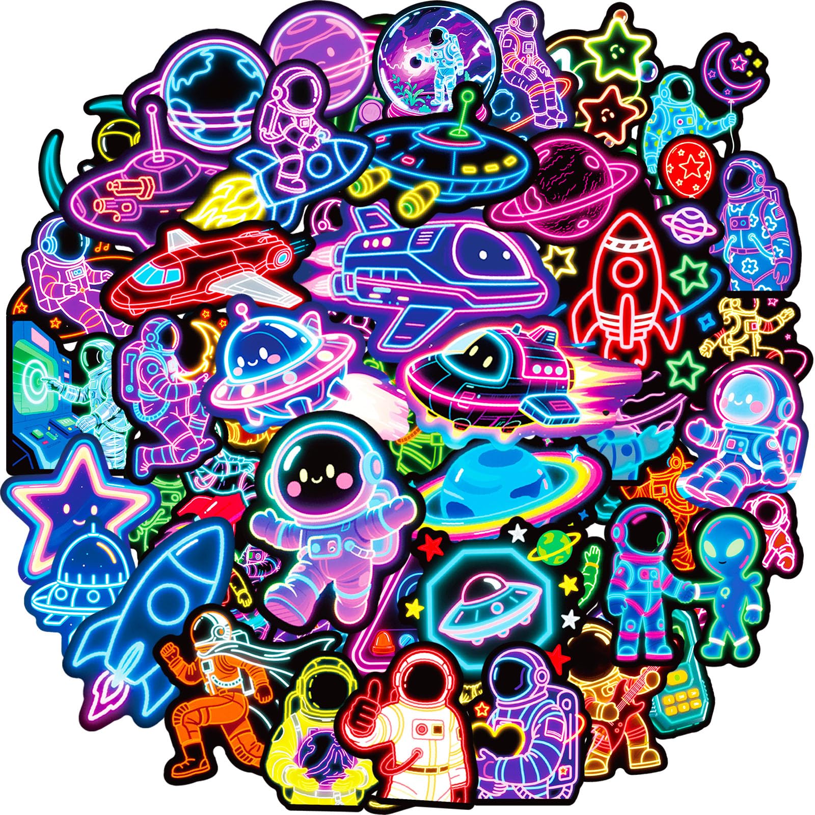 Space Stickers 56 Pcs Cool Neon Astronaut Sticker Pack, Prizes for Kids Classroom Rewards, Waterproof Vinyl Stickers for Water Bottles Laptop