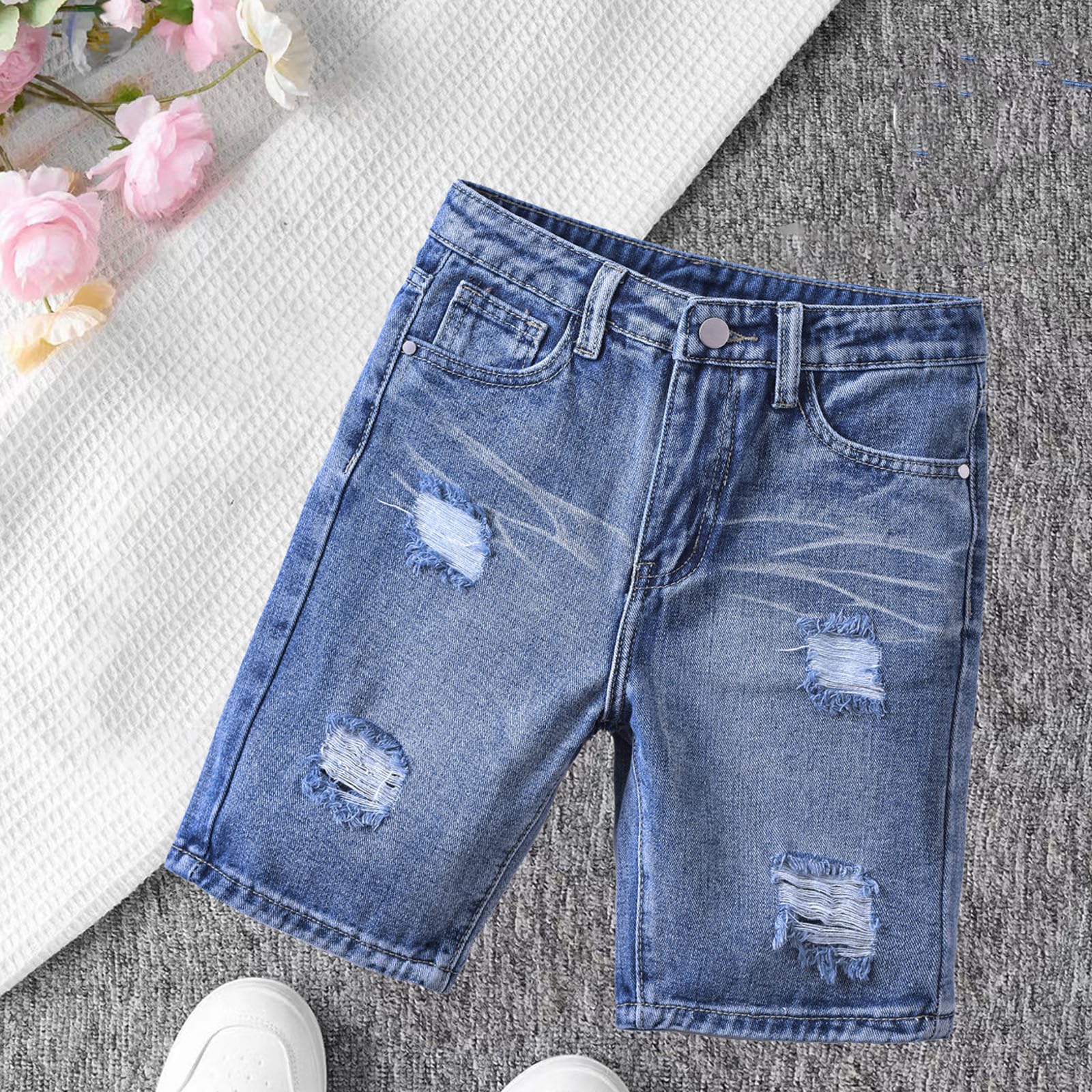 Pantaloncini di Jeans Strappati per Bambino Pantaloni Corti Elastica in Vita Pantaloncino in Denim Estate Casual Pantaloni con Tasche Ragazzi Ragazze Jeans Short Comodi Shorts da All'Aperto
