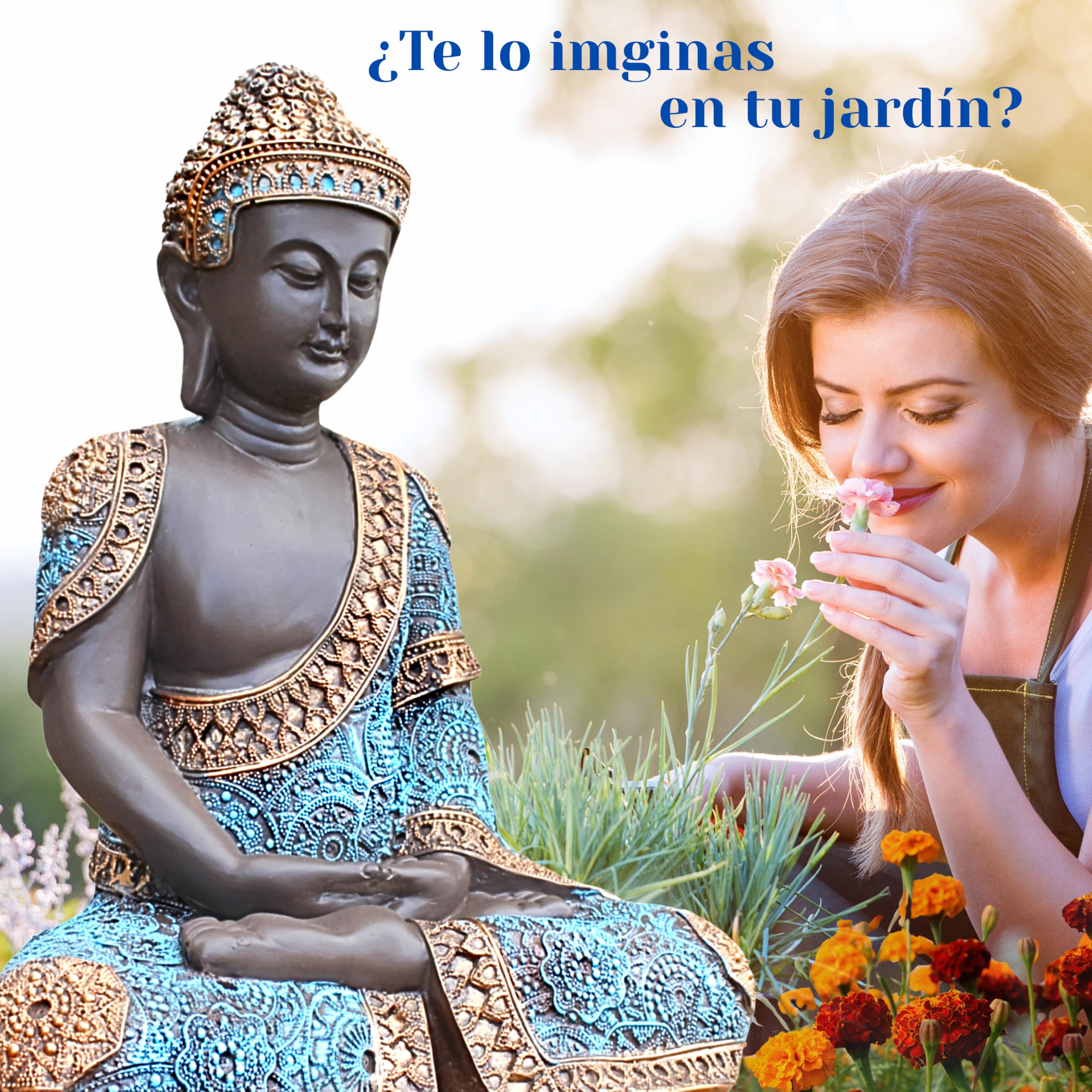 Buda de la Suerte, 41 cm (Celeste) – Budas Decorativos Grandes de Piedra Artificial para Decoracion Jardin Exterior, Figuras Jardin Exterior y Estatuas Decorativas Grandes.