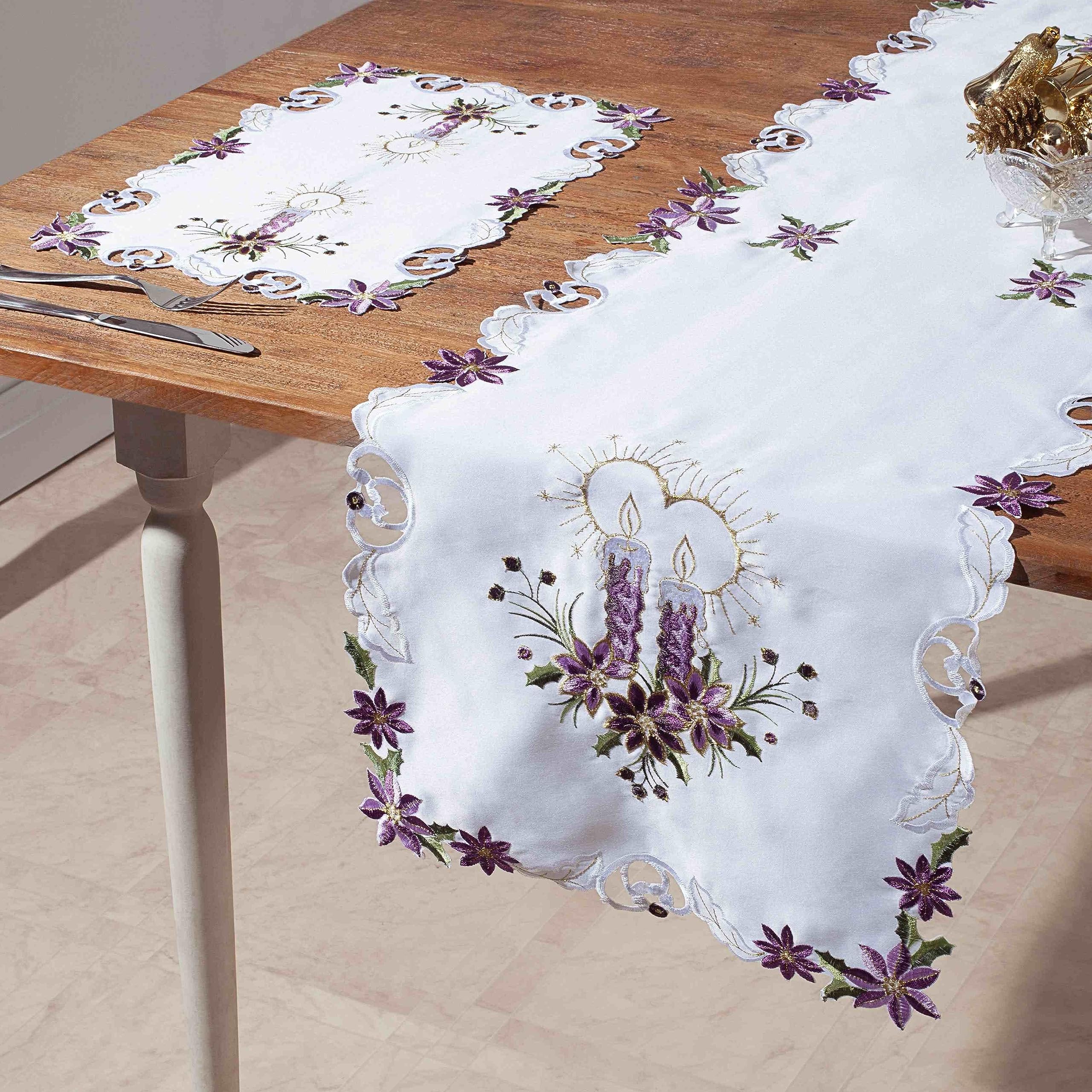 Caminho De Mesa Branco Natal Lilas Escovado 40X170Cm Rafimex