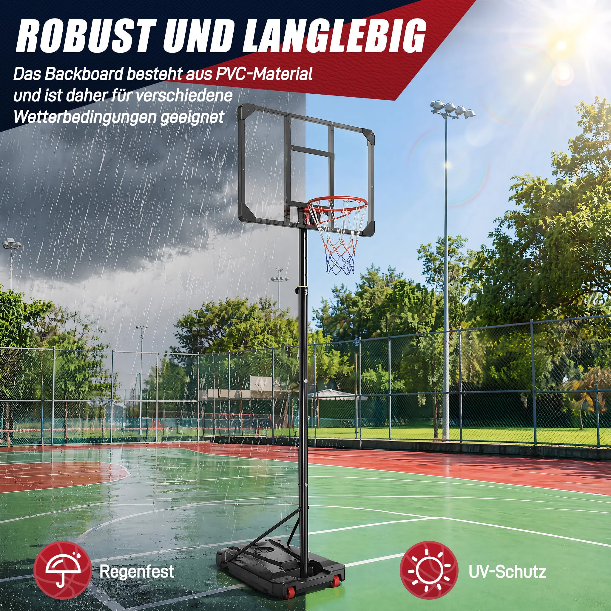 YRHome Basketballkorb PE-Rahmen Outdoor Basketballkorb Nachfüllbare Basis Basketballständer 150-260cm höhenverstellbar mit eingebaute Räder Für Erwachsene