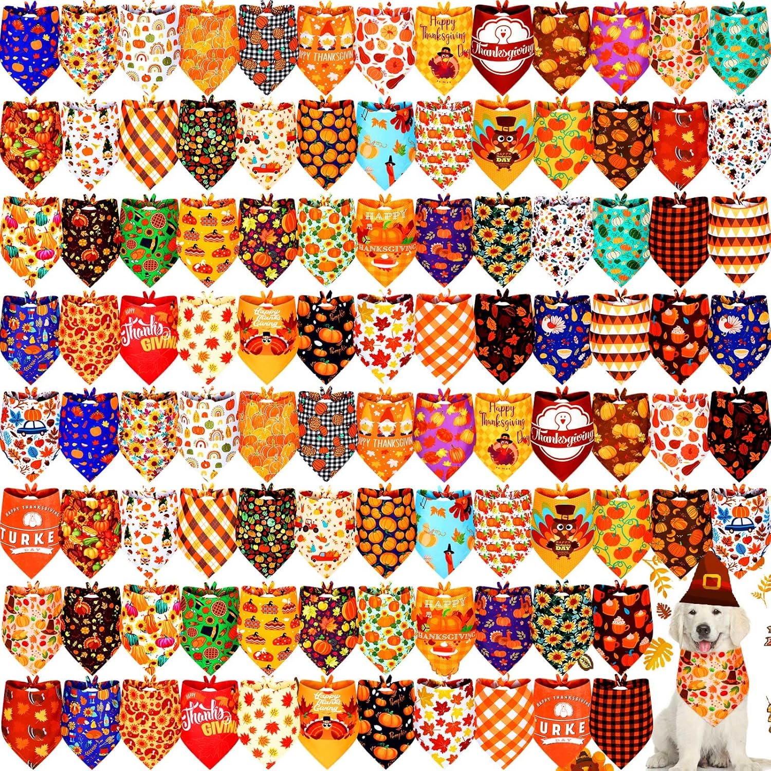 Newwiee 100 Pcs Thanksgiving Dog Bandanas Bulk for Large Dogs Fall Pumpkin Maple Leaf Triangle Bandanas Bibs Adjustable Pet Scarf Holiday Soft Breathable Thanksgiving Day Scarf Accessories for Puppy