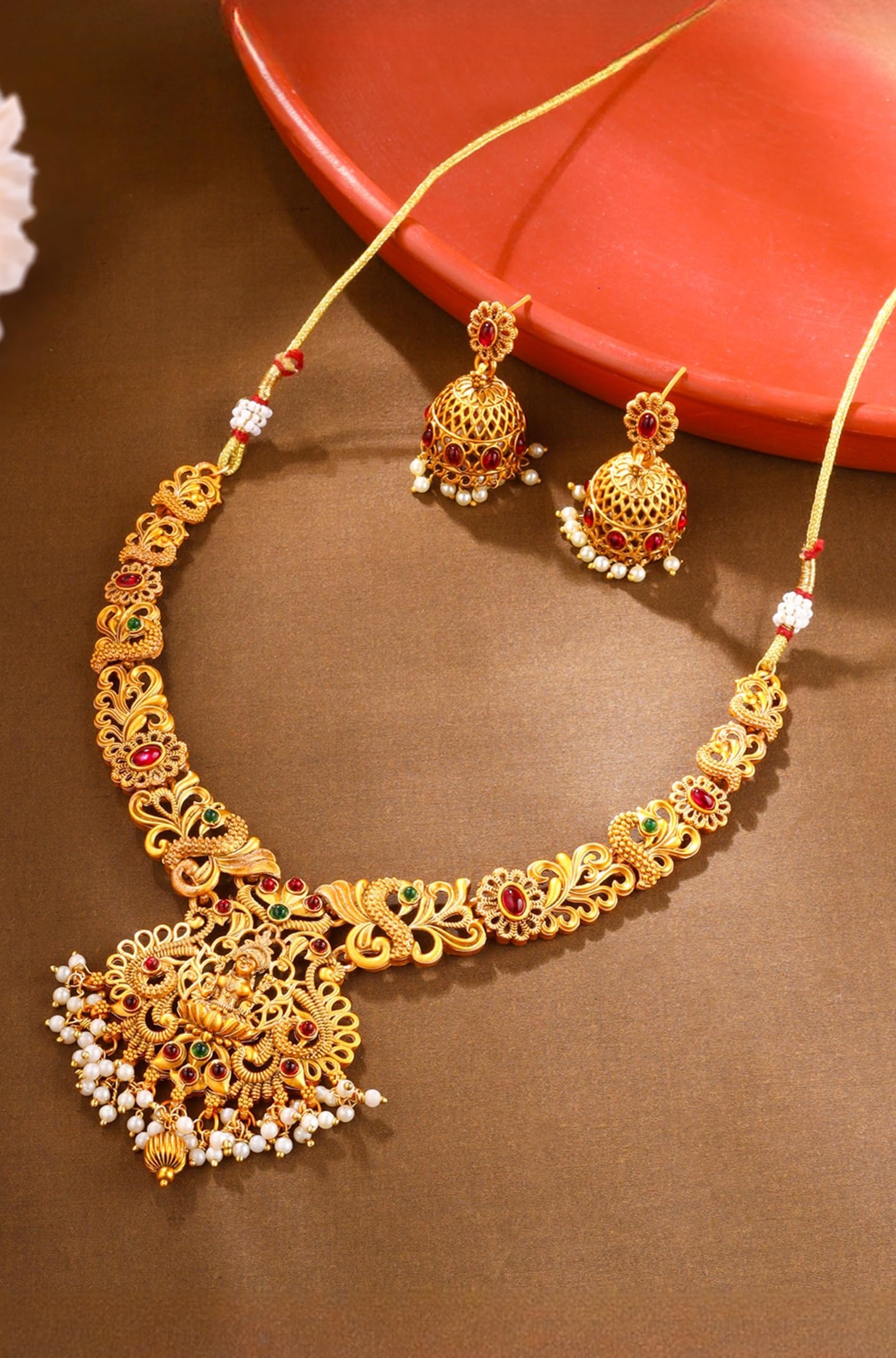 traditional jewellary set for women Gold-Plated Temple Necklace Set Stone-Studded Necklace Set For Women & Girls