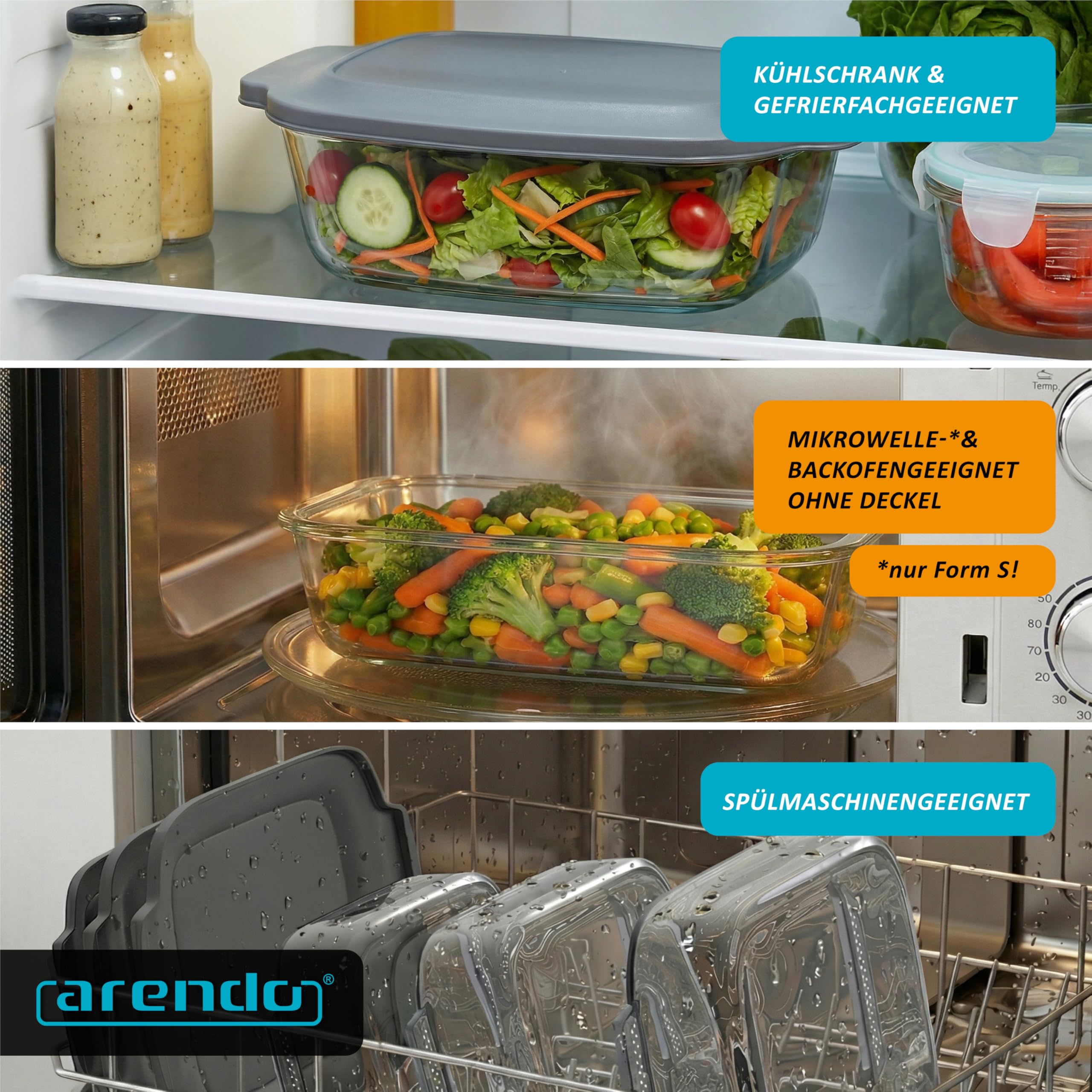Arendo – Auflaufformenaus Glas mit Deckel - 3er Set – Borosilikatglas – rechteckige Glasauflaufformen – hitzebeständig – Ofenfest Mikrowellengeeignet - spülmaschinengeeignet – klein bis groß