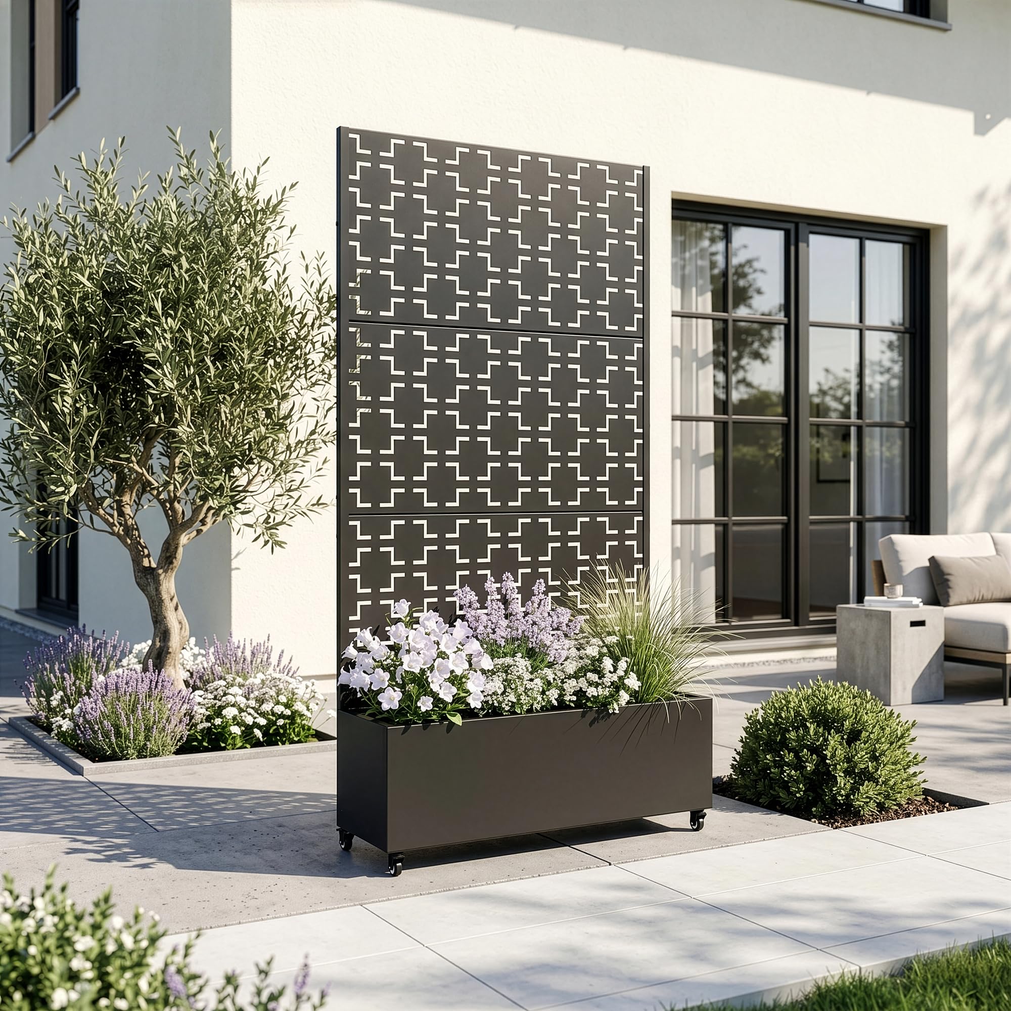 casa.pro Cloison de Séparation Aaskis 190 x 82 x 38 cm avec Bac à Fleurs Paravent Clôture avec Jardinière pour Extérieur Intérieur Jardin Terrasse Brise-Vue sur 4 roulettes Acier Galvanisé Noir
