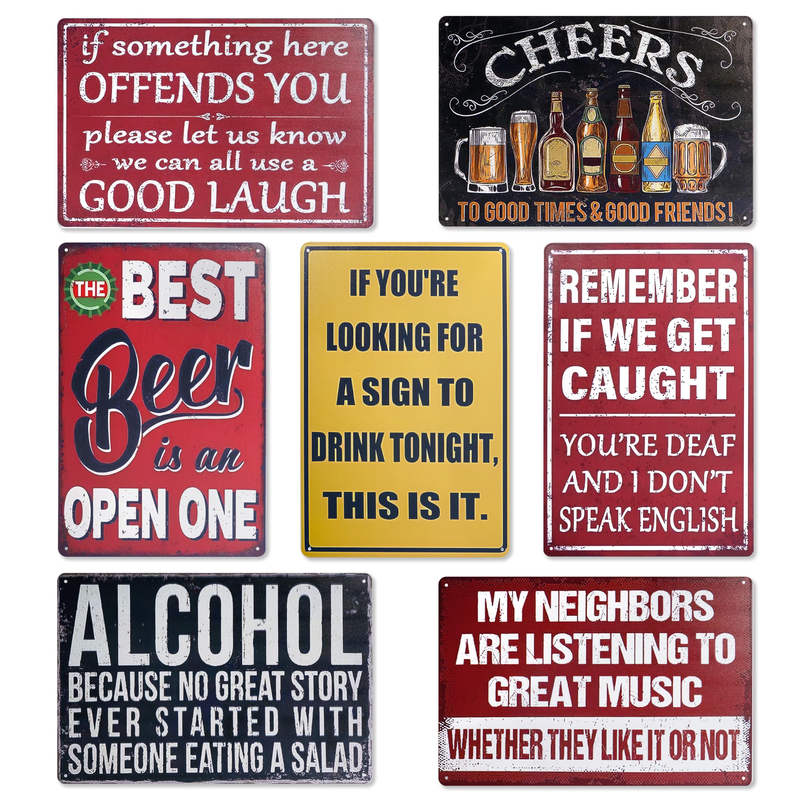 Margolongte Funny Bar Signs for Home Bar Wall Art - Man Cave Decor Garage Signs for Men - Vintage Metal Tin Signs 7-Piece Set - Basement Pub Wall Decor Gifts 8x12 Inch