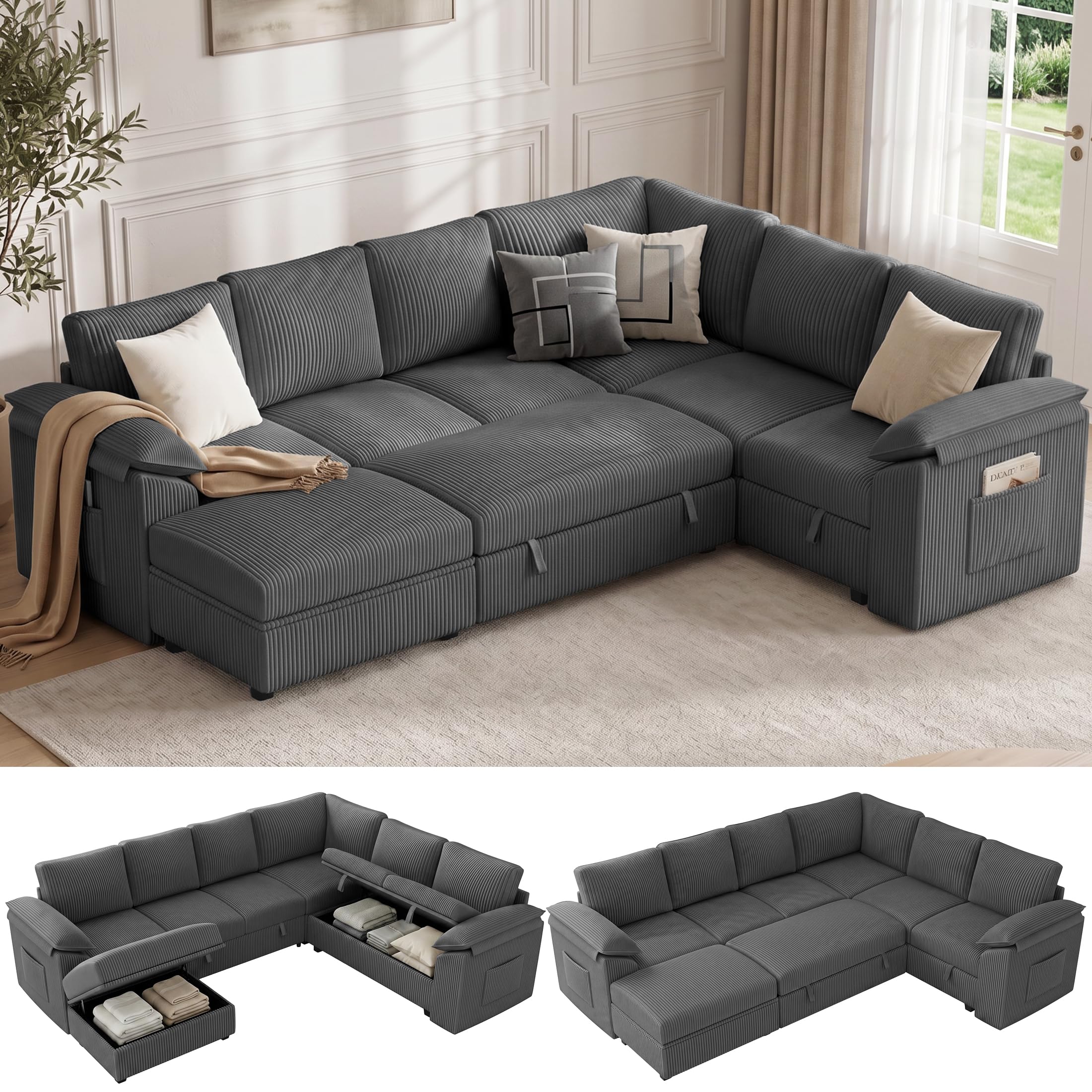 108'' Modular Sectional Sleeper Sofa Couches for Living Room, Dark Grey