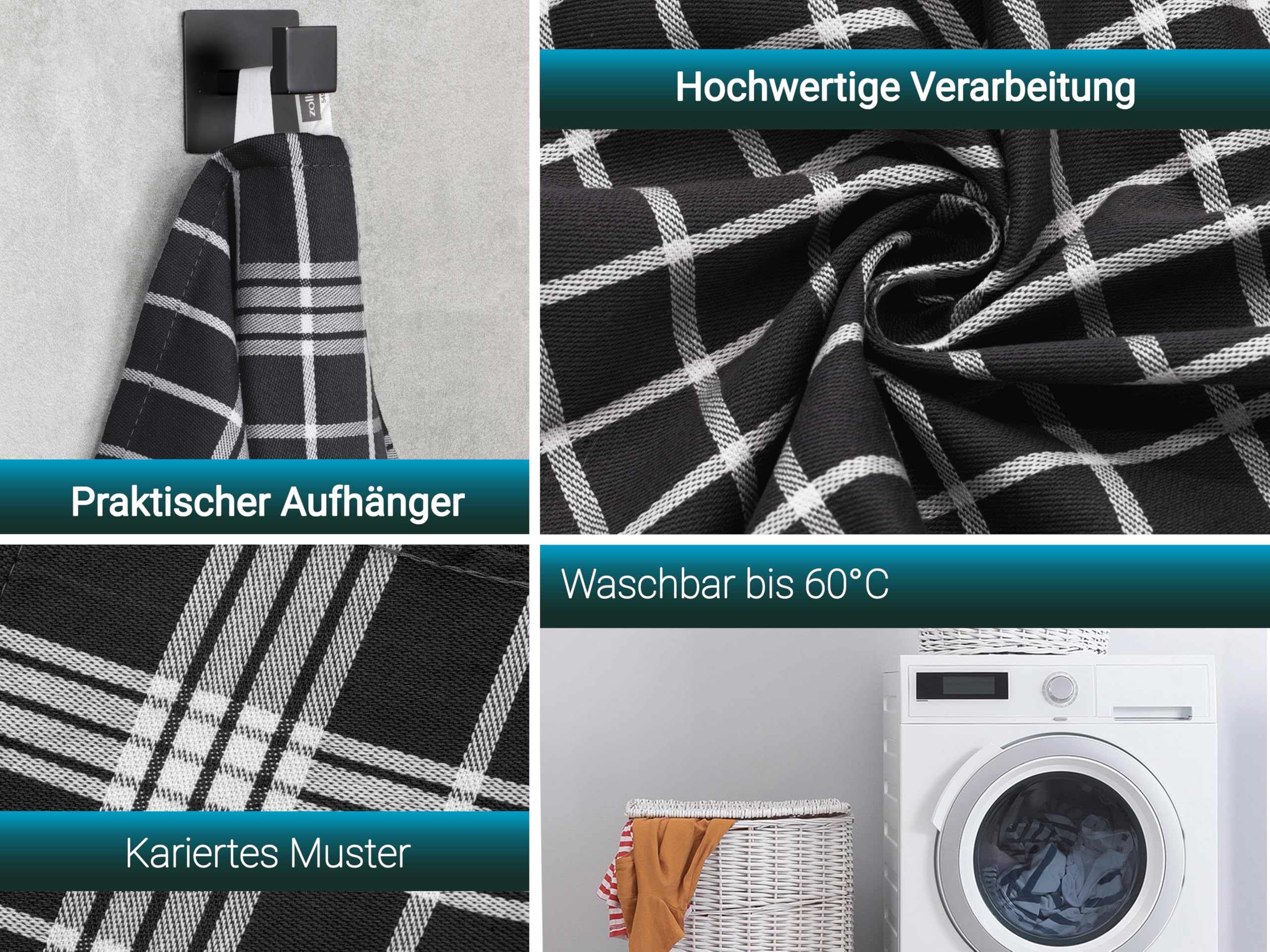 ZOLLNER 5er Set Geschirrtücher, 50x70 cm, 100% Baumwolle, schwarz weiß kariert