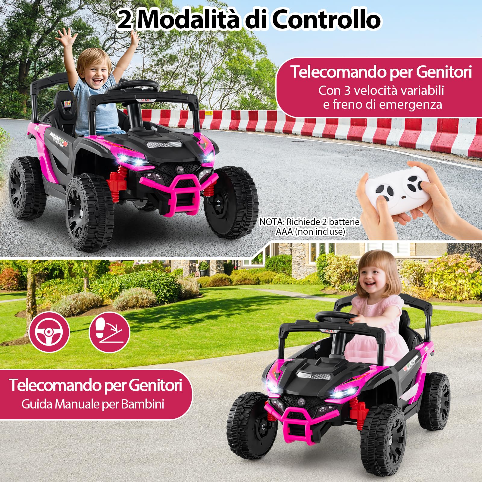 RELAX4LIFE Auto Elettrica Grande a 2 Posti per 2 Bambini con Telecomando, Velocità Alta, Fuoristrada a, Con Volante e Pedale, Clacson, Musica, Luci a LED, Ruota Resistente all'Usura (ROSSO) | 3 velocità 3-5 km/h, luci LED, musica, clacson, avanti e indiet
