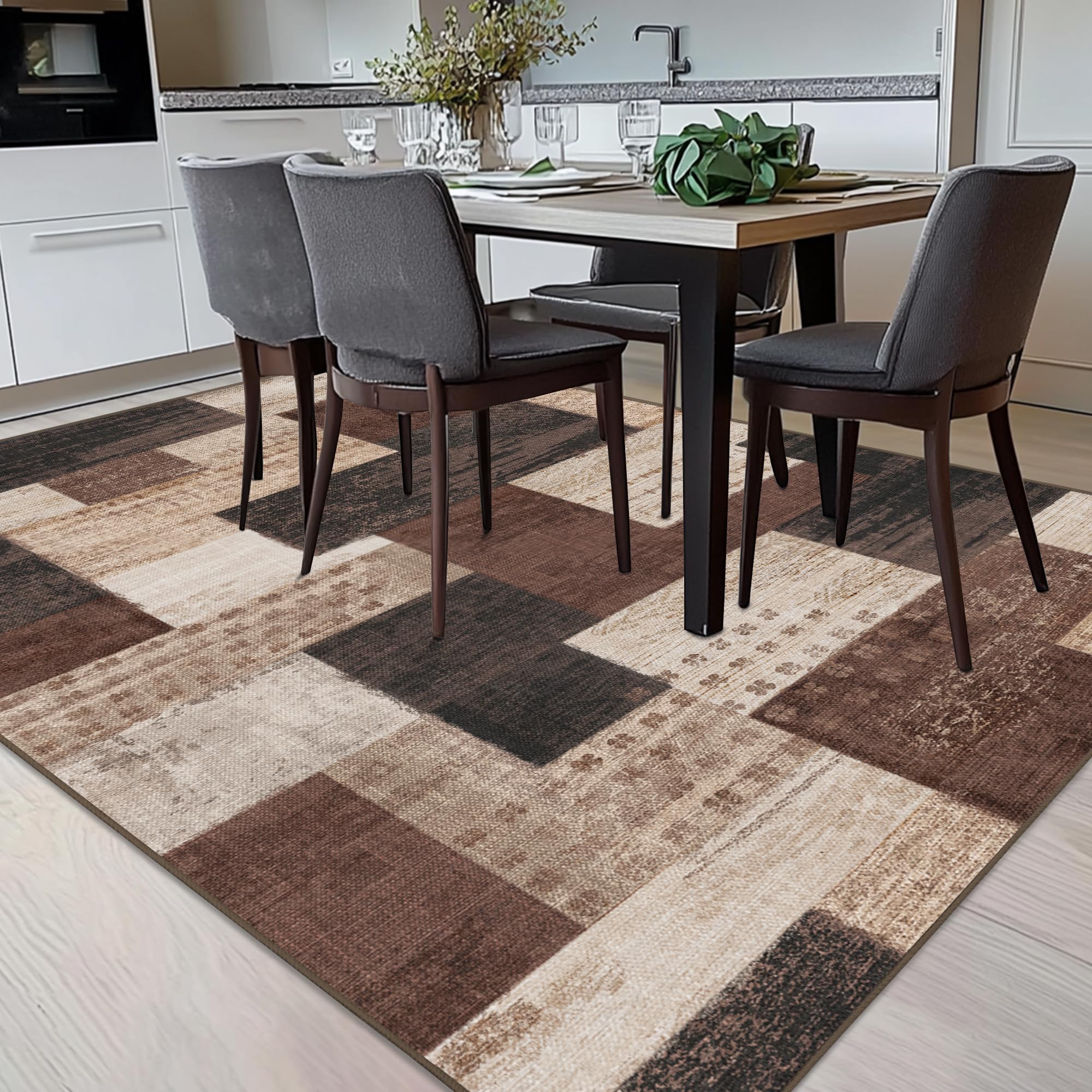 Moderne Geometrische Patchwork Indoor Wohnzimmer Teppich, Schokolade 160x230 cm Große Teppiche Rockwood Sammlung Böden Dekor für Schlafzimmer, Braun Weich Kurzflor Waschbar Teppich Gegend