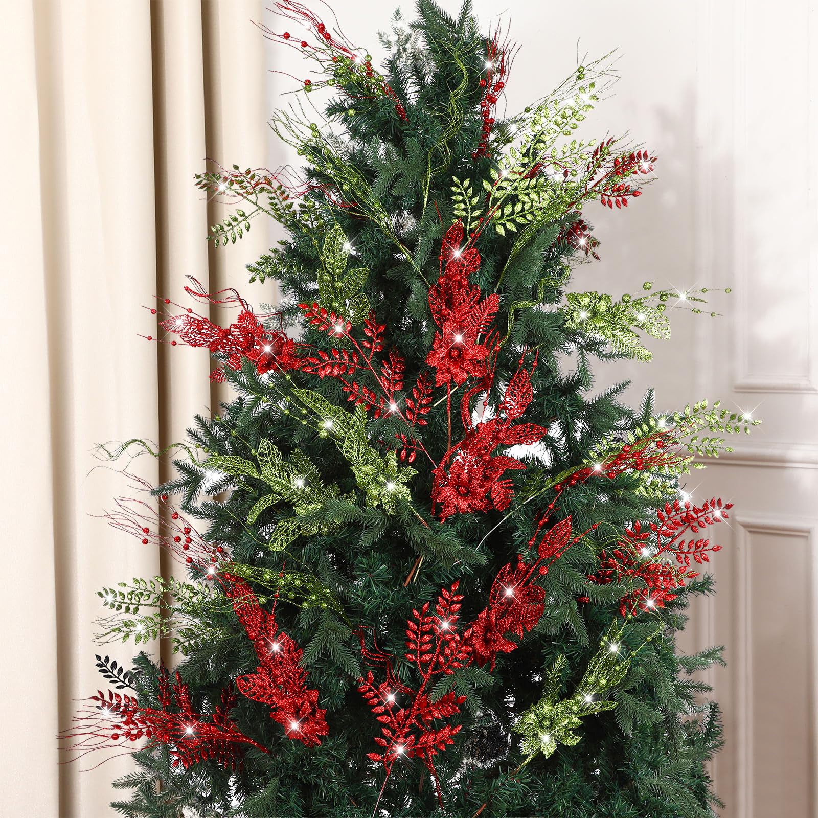 Thiccywoov Künstliche Glitzer-Beerenstiele, Ornamente, 44 cm, künstliche Weihnachtsspieße mit Weihnachtsstern, dekorativ, Glitzer-Beerenstäbchen, Zweig für Weihnachtsbaum, DIY-Kranz (Rot Grün)