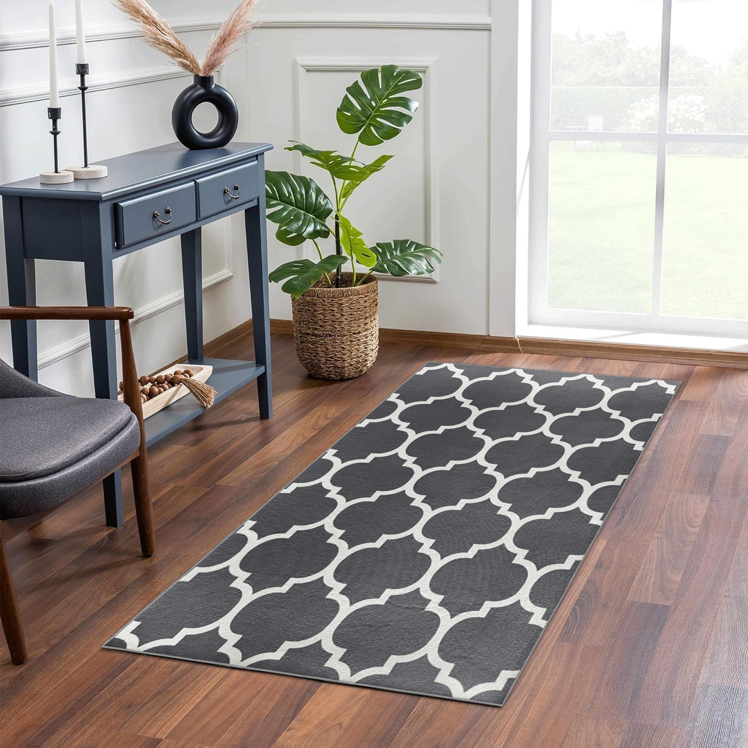 Hafaa Carpet Runners Rugs for Hallway Non-Slip 60 x 110 cm Entrance Grey and White Rug– Modern Trellis Pattern Carpet for Living Room – Printed Design Carpets Runner Rug (AVA Grey) — image 1