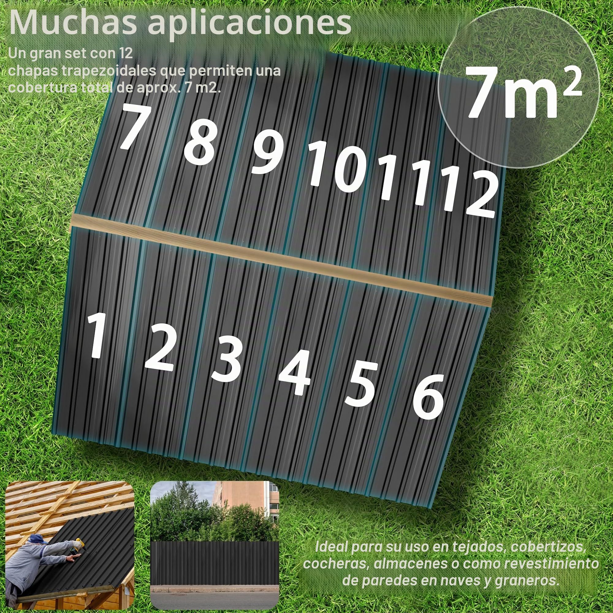XMTECH 12x Lámina de acero trapezoidal 129,5 x 45 cm = 7 m² Negro – Galvanizado, resistente a la intemperie y a la corrosión, chapa de acero con perfil trapezoidal para techos de jardín, carport y
