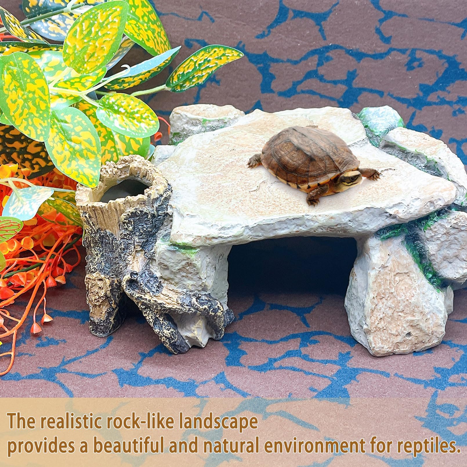 BNOSDM Plataforma de tortuga, cueva escondite de reptiles, roca de tortuga, cueva de escondite de geco, piedra de resina, decoración de hábitat de terrario, accesorios de tanque para dragón barbudo,