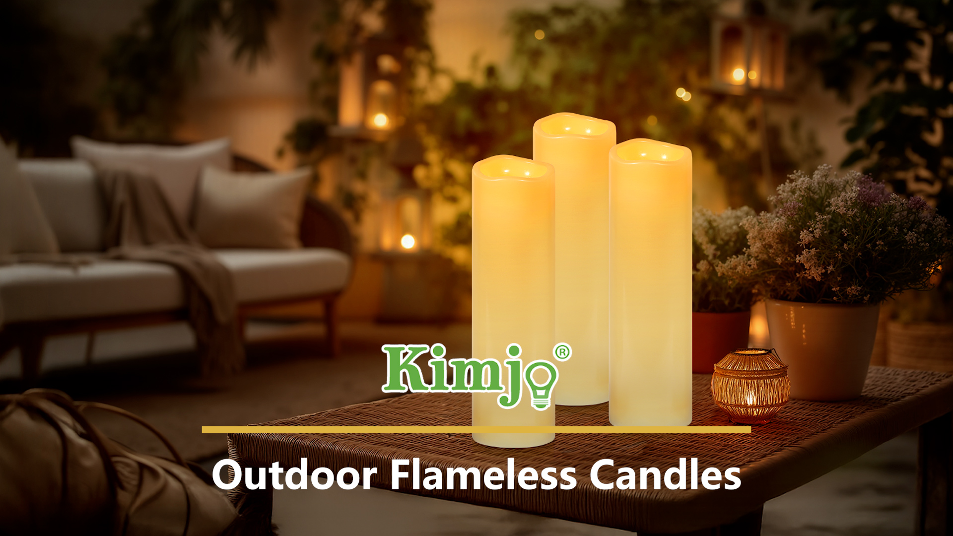 Image of Kimjo 14 inch x 4 inch Large Outdoor Waterproof Candles with Timer Remote, 4 Pack | Ivory, Battery Operated LED Flameless Pillar Candles, Electric Flickering Fake Candles for Patio, Lanterns, Porch Decor