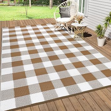 8x10 Outdoor Rugs Waterproof Reversible Outdoor Plastic Straw Rug, Modern Plaid Patio Rug, Indoor Outdoor Carpet, RV Mat Outside for Camping, Picnic, Balcony, Deck, Backyard, Brown & White