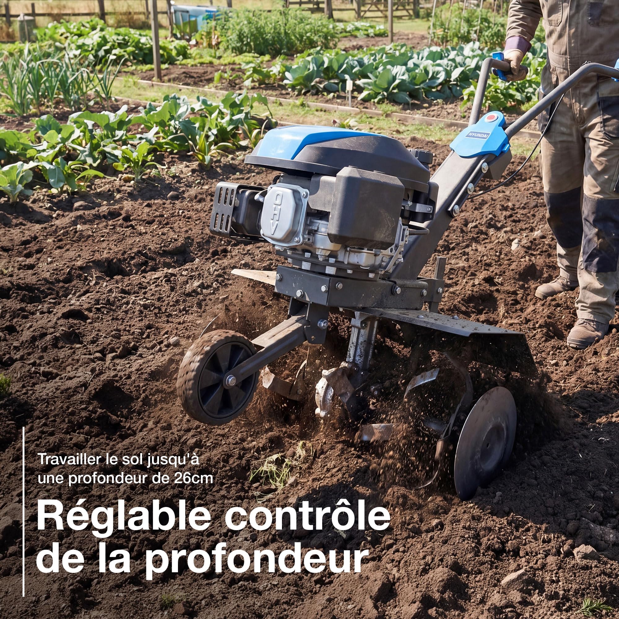 Hyundai Motobineuse Motoculteur Thermique 60 cm, Démarrage Électrique, 173 cm3 4,8 CV, 4 Jeux de Fraises, Profondeur 26 cm, Garantie 3 Ans - HYT175EX-EU