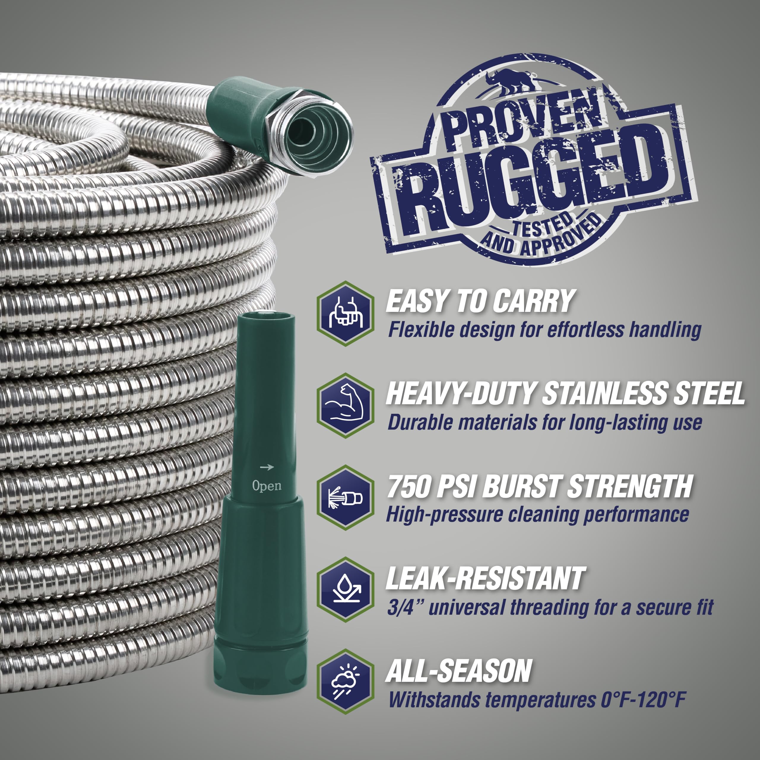 RUGGED RHINO Metall-Gartenschlauch mit Sprühdüse, 15 m, 304 Edelstahl, 750 PSI Berstfestigkeit, strapazierfähiger, flexibler Wasserschlauch, knickfest, auslaufsicher für Hof, Rasen und Außenbereich