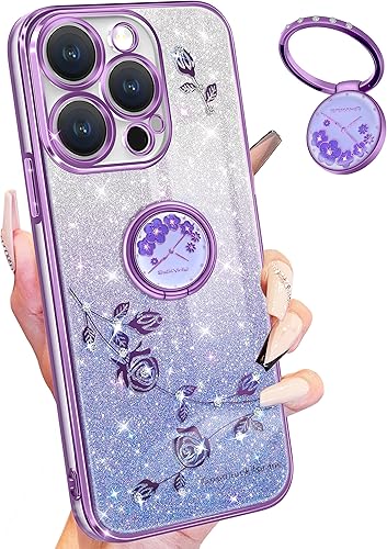Coralogo Funda 3 en 1 para Apple iPhone 14 Pro con purpurina brillante para mujeres y niñas, funda brillante para teléfono, bonito diseño floral de