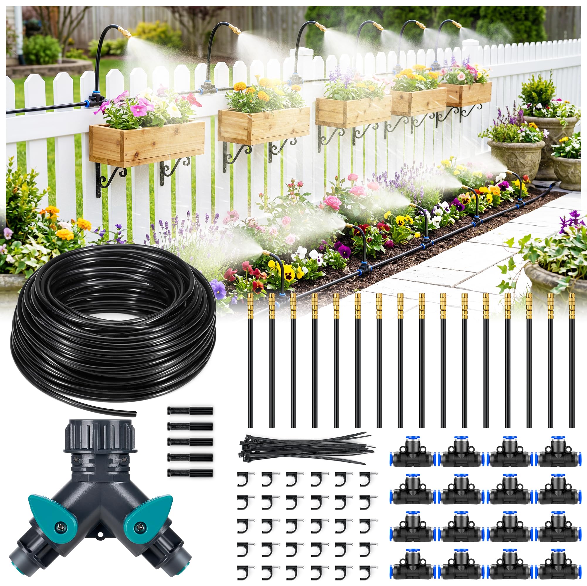 HIRALIY Kit d'irrigation brumisateur 30 m | Système d'arrosage à connexion rapide avec 16 buses de brume réglables à 360° pour parterres surélevés, patios et serres
