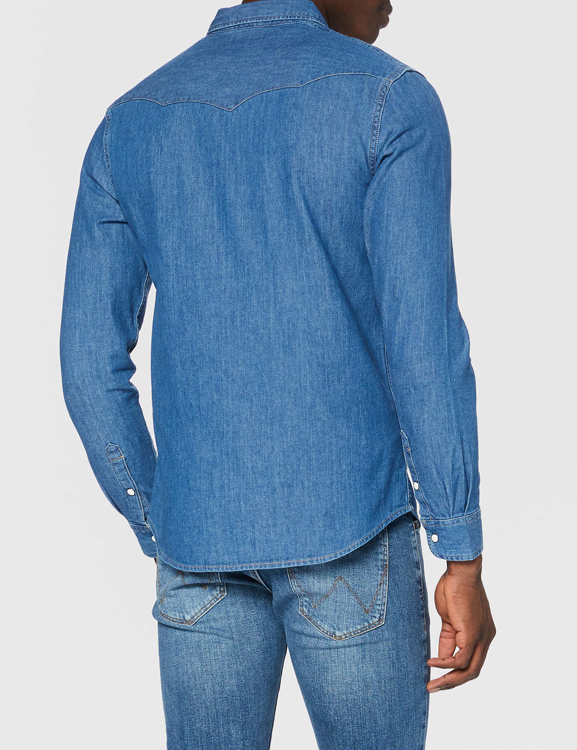 Wrangler Uomo Ls Western Denim Shirt Straight, Blu (Mid Stone), S