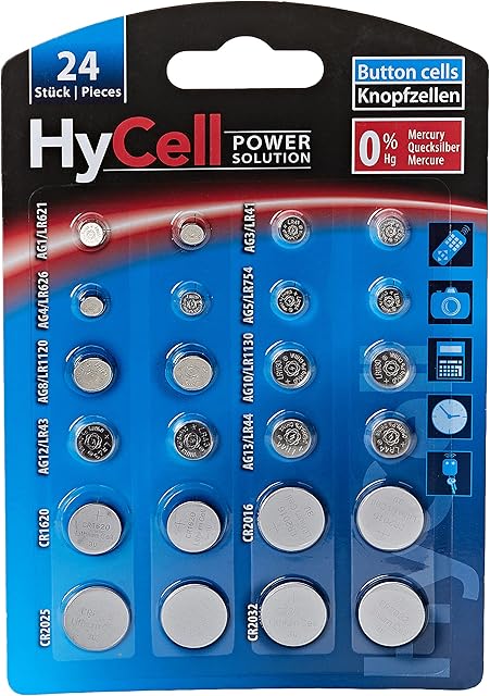HYCELL Alkaline & Lithium Button Cells [Assorted Multipack of 24] Incl 2 of CR1620/CR2016/CR2025/CR2032/LR41/LR43/LR44/LR626/LR621/LR754/LR1120/LR1130 Coin Cells ideal for Watches, Car Keys, Toys etc